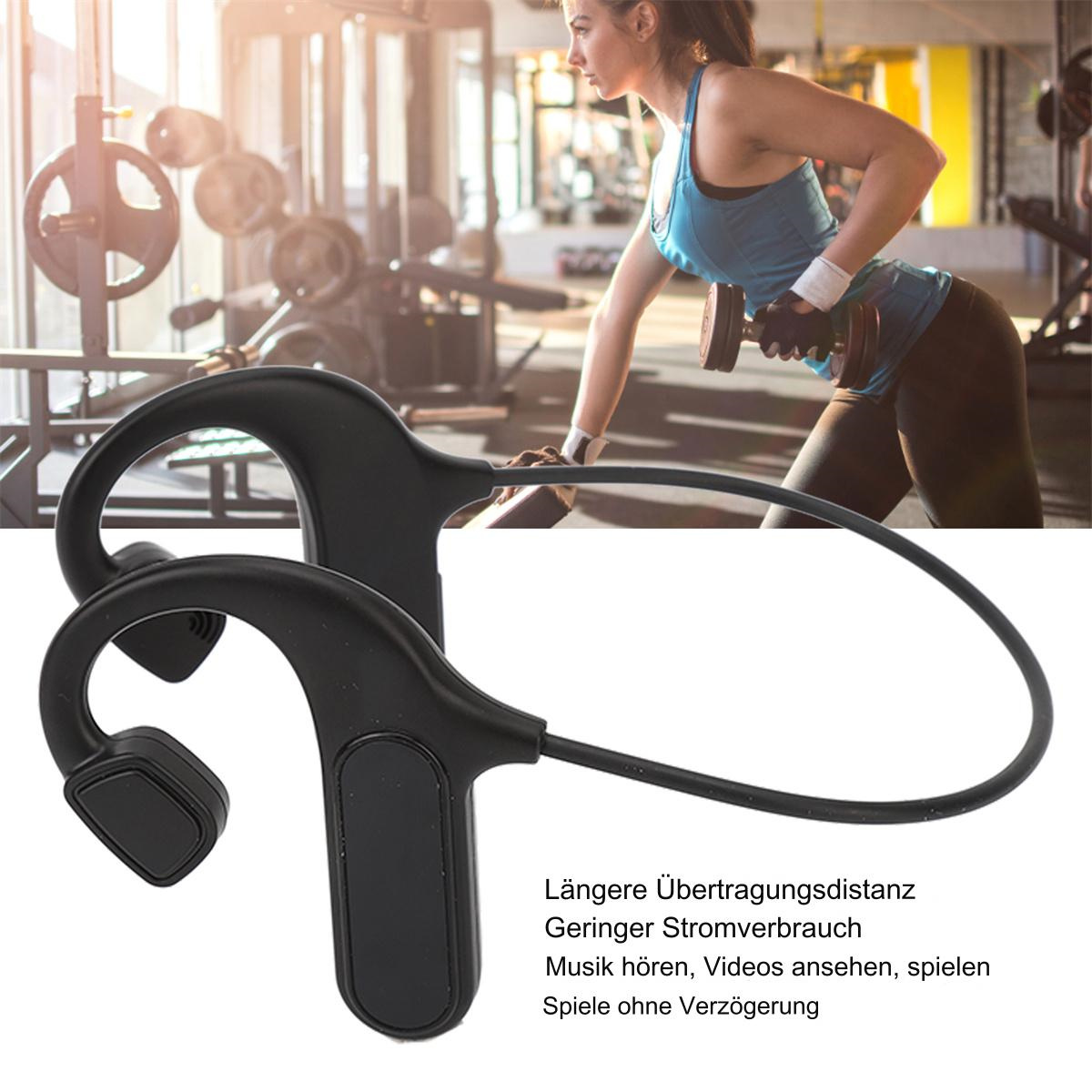 Schwarze Kopfhörer um das Ohr. Eine Frau trainiert im Fitnessstudio. Text über Funktionen.