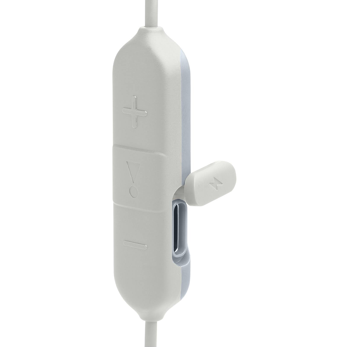 Telecomando in linea bianco e blu, con pulsanti volume e porta microfono.