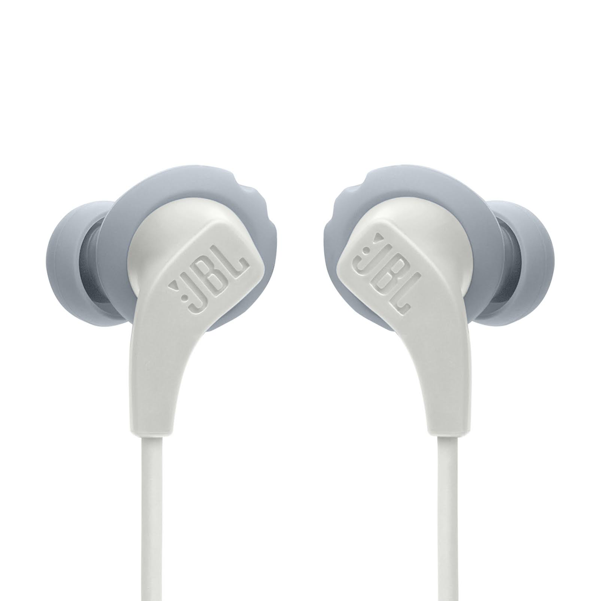 Auricolari JBL bianchi e grigi con cavo bianco. Sfondo bianco.