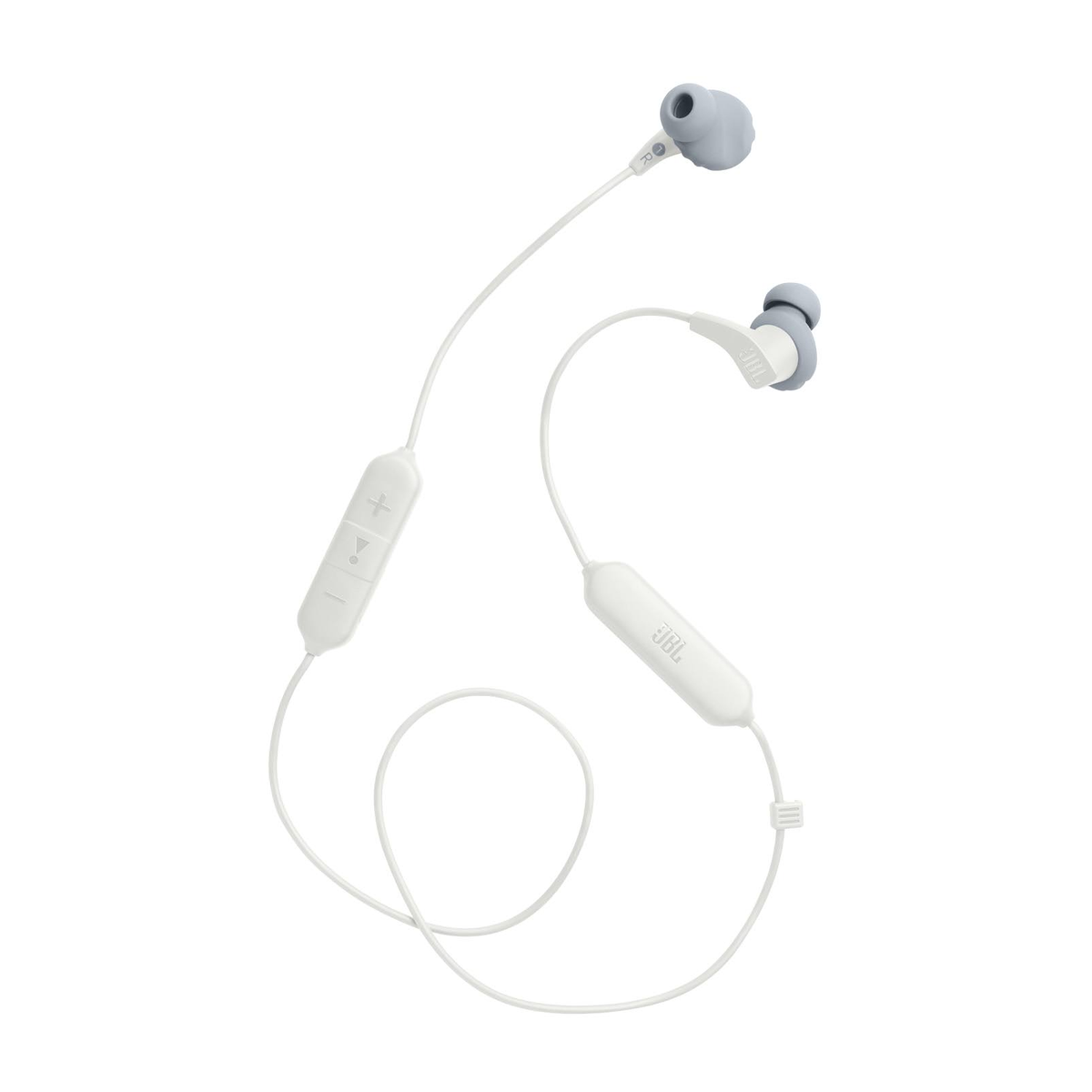 Cuffie JBL bianche e grigie con cavo bianco e controlli in linea.
