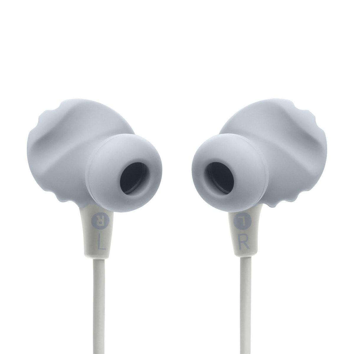Coppia di auricolari grigio chiaro, isolati su bianco. I marchi 'R' e 'L' sono visibili.