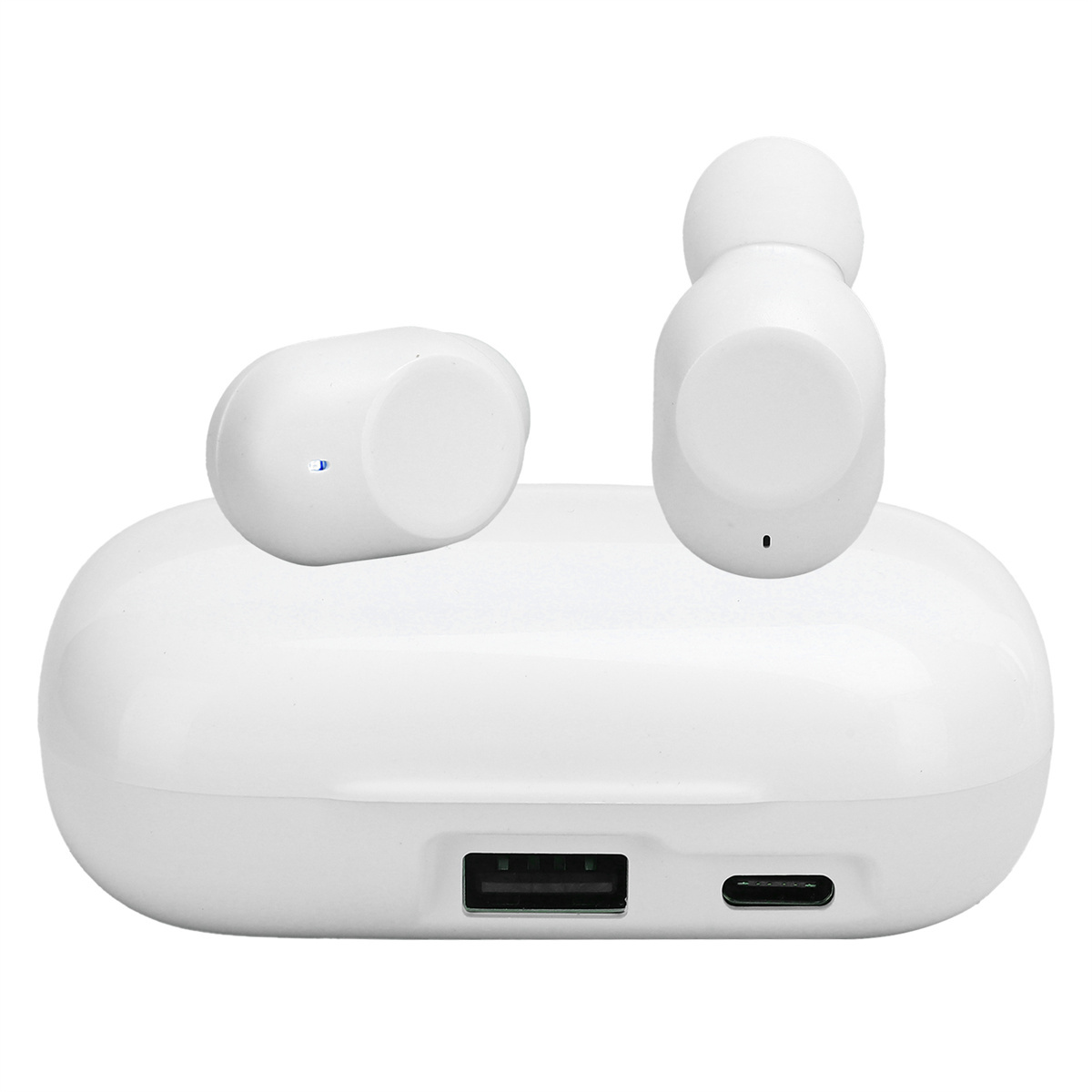 Zwei weiße Ohrhörer und ein Ladeetui mit USB-C-Anschluss.