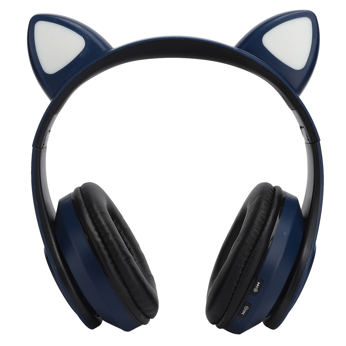 Blaue Kopfhörer mit Katzenohren. Die Kopfhörer sind auf weißem Hintergrund.
