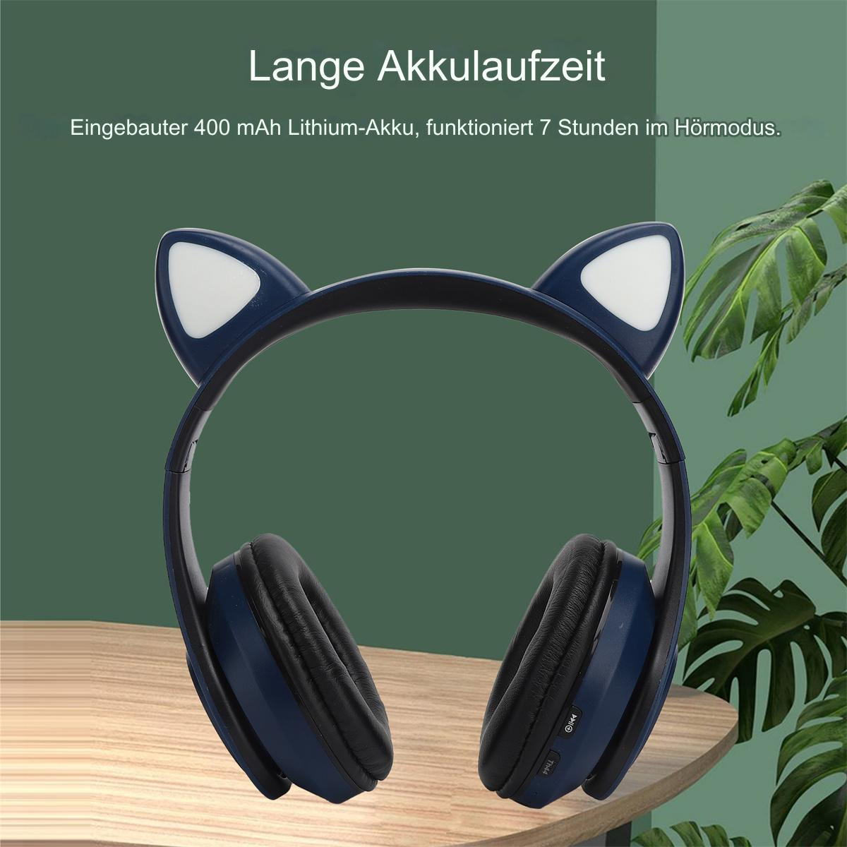Blaue Katzenohr-Kopfhörer mit schwarzem Rahmen. Text auf Deutsch.
