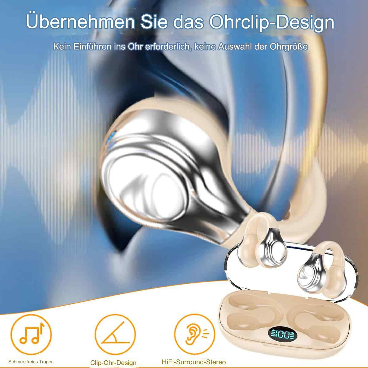 Beige In-Ear-Kopfhörer und ein Ladecase mit LCD-Bildschirm und Symbolen.