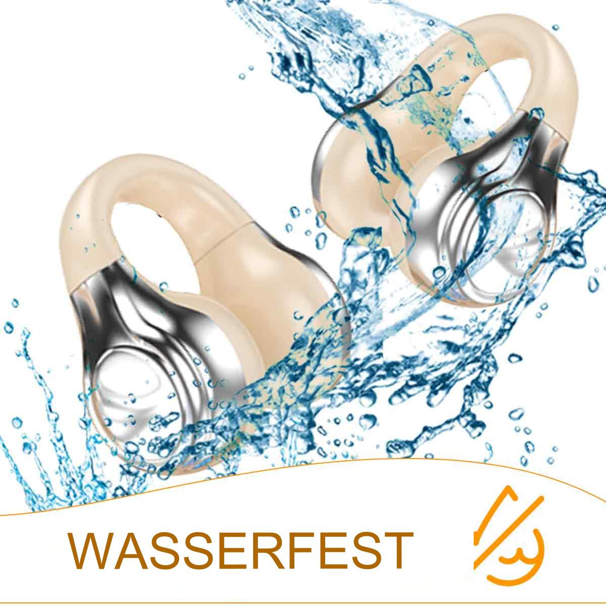 Ohrhörer im Wasser, mit Wasserspritzern. Text: WASSERFEST (wasserdicht) und ein Logo.