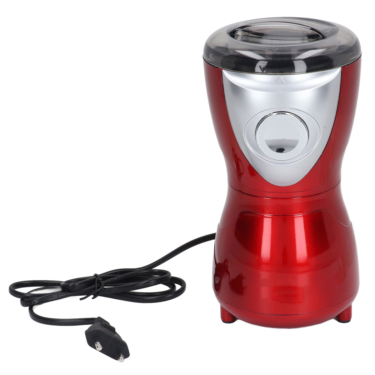 Roter Kaffeemühle mit Netzkabel und Stecker. Weißer Hintergrund.