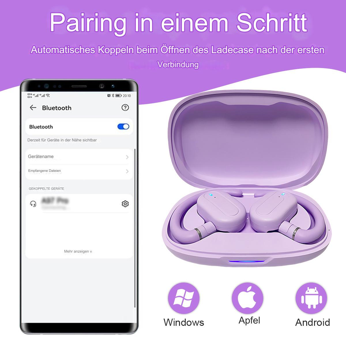 Bild zeigt Pairing-Kopfhörer mit Smartphone, lila Ladecase und Icons für Windows, Apple und Android.