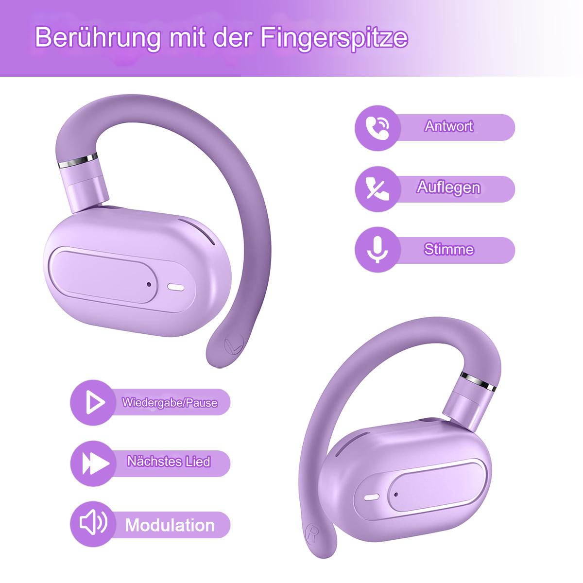 Zwei lila kabellose Ohrhörer mit Bügeldesign, begleitet von Symbolen und deutschen Textbeschriftungen.