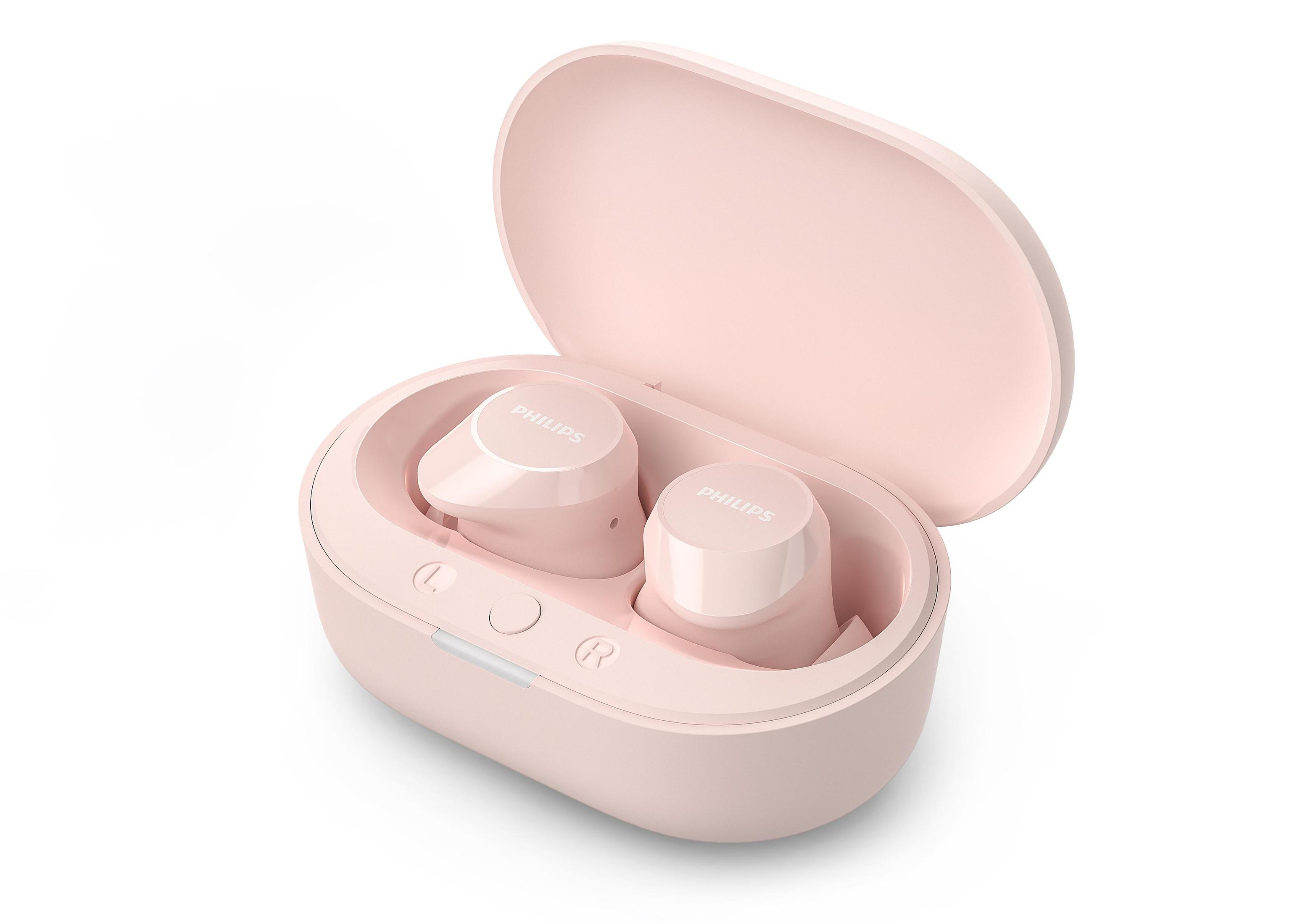 Auricolari wireless Philips rosa nella loro custodia. La custodia è aperta, con due auricolari visibili.
