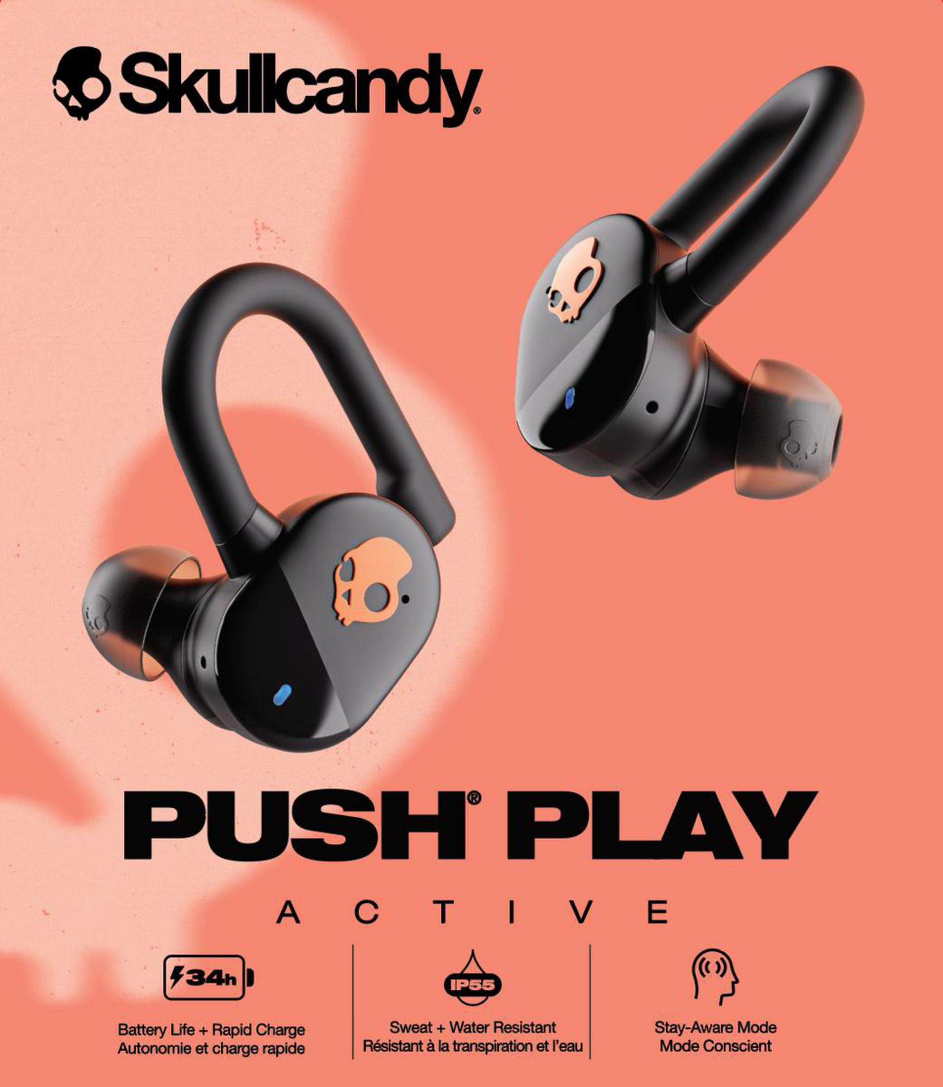 Czarne słuchawki Skullcandy z czerwono-pomarańczowym logo na brzoskwiniowym tle, z tekstem i ikonami.
