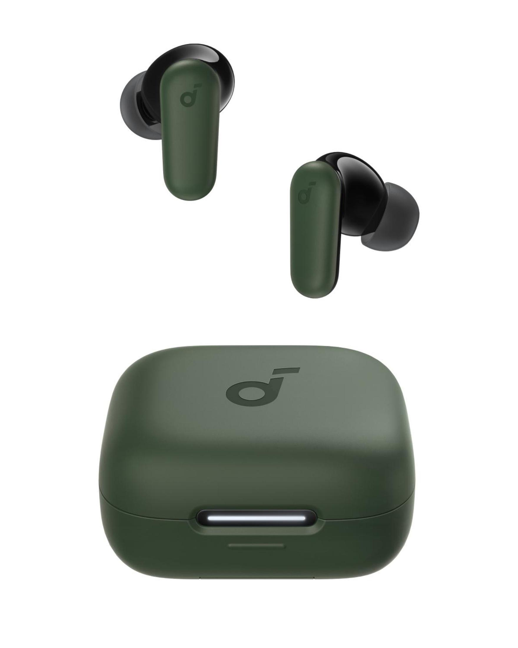 Grüne Ohrhörer und Ladecase auf Weiß. Ohrhörer haben ein 'd' Logo.
