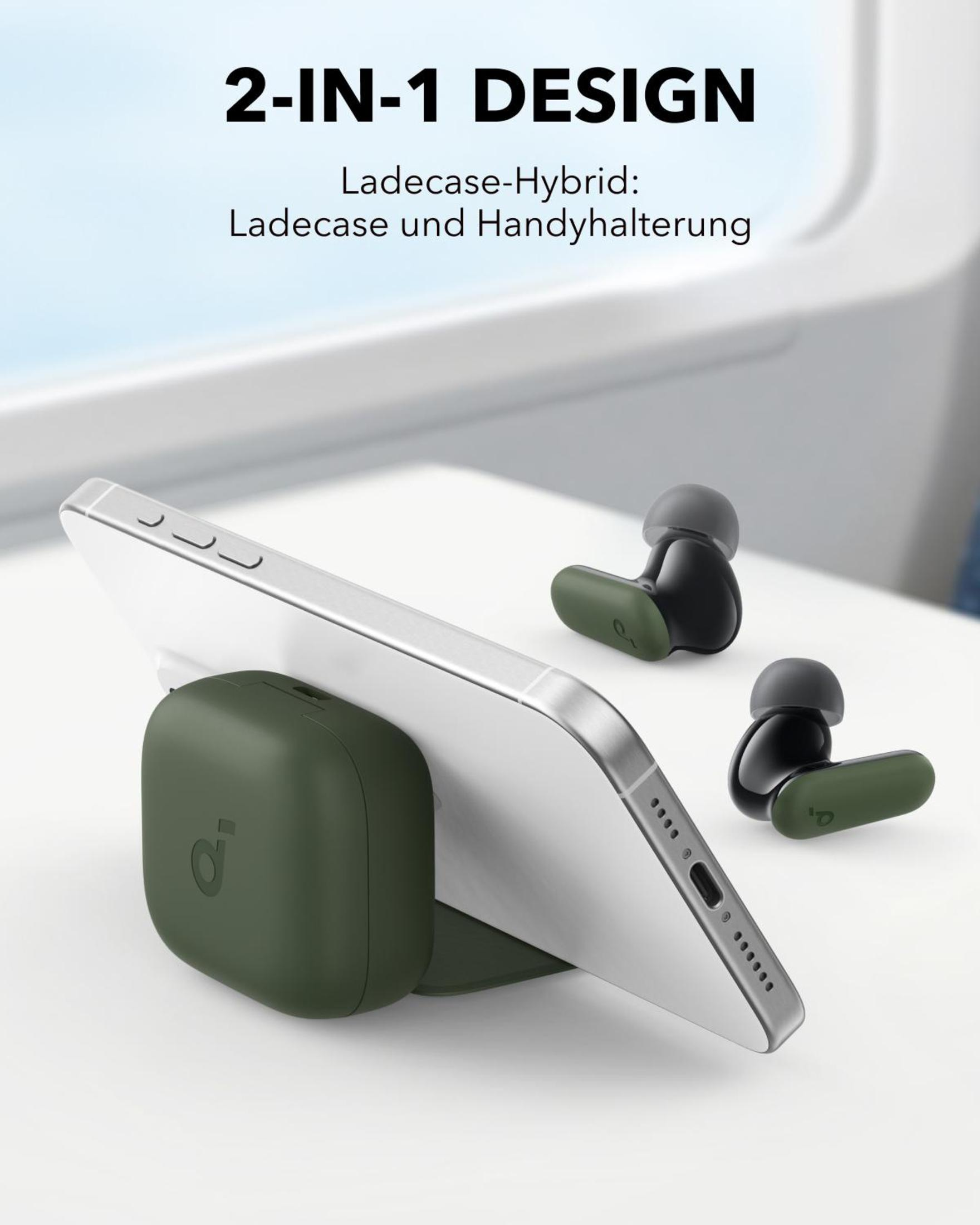 Weißes Telefon in einem olivgrünen Halter mit Ohrhörern auf einem Tisch. Text: 2-in-1 Design.