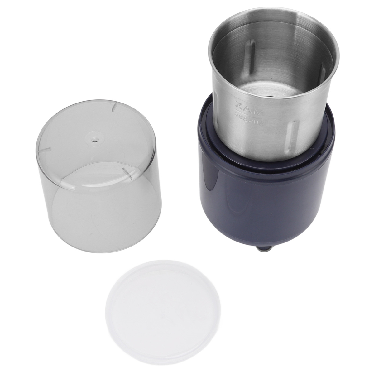 Kaffeemühle mit Deckel und Behälter, geöffnet. Weißer Hintergrund.