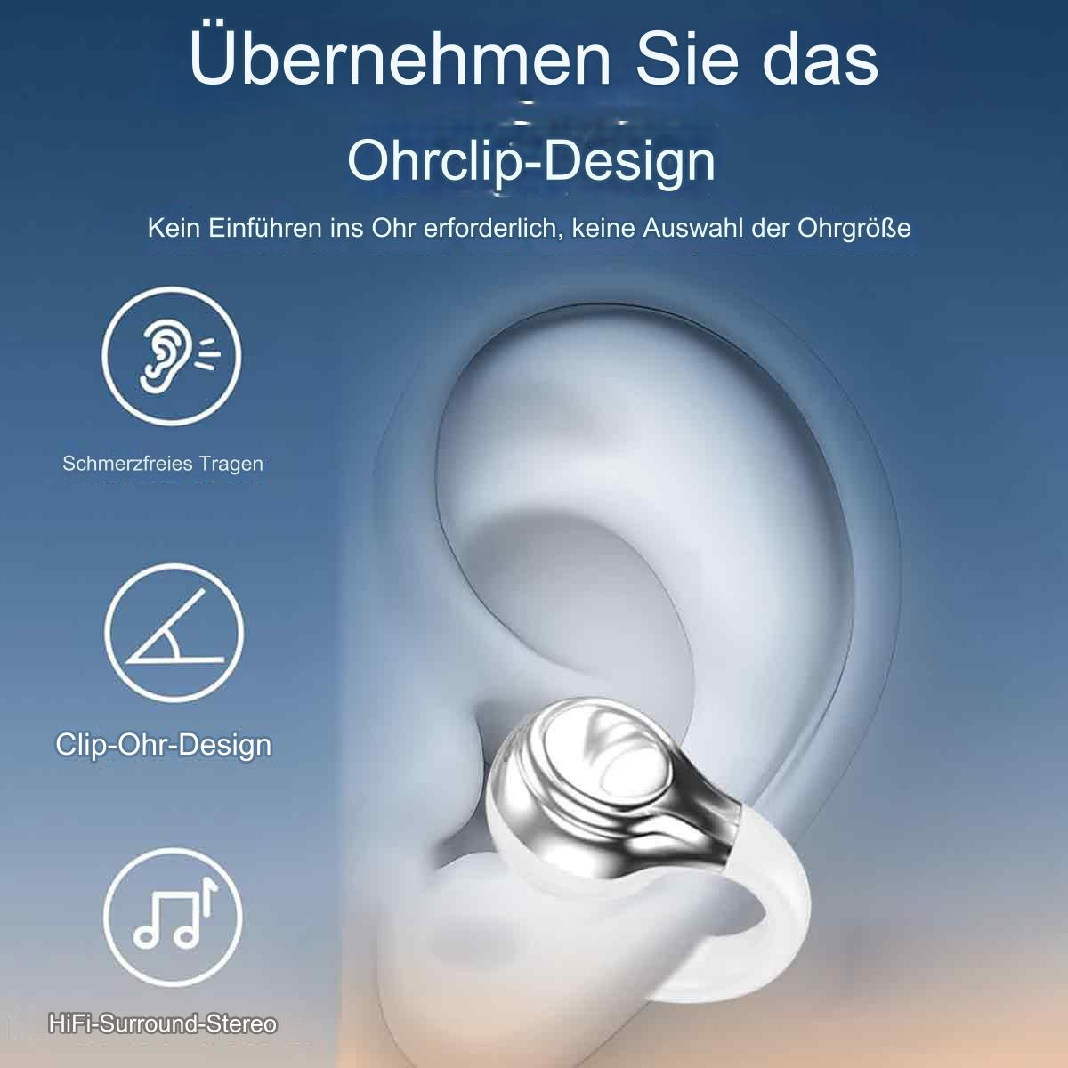 Ohrhörer-Design mit Ohrenillustration. Text: Schmerzfreies Tragen, Clip-On-Design, HiFi-Surround-Stereo.