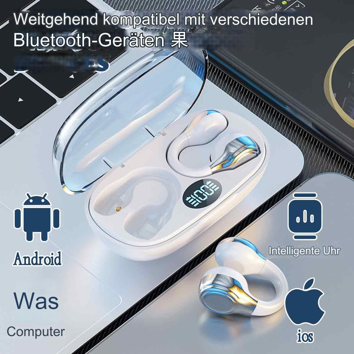 Weiße Ohrhörer in einem Ladecase mit Display. Android, iOS-Symbole sind vorhanden.