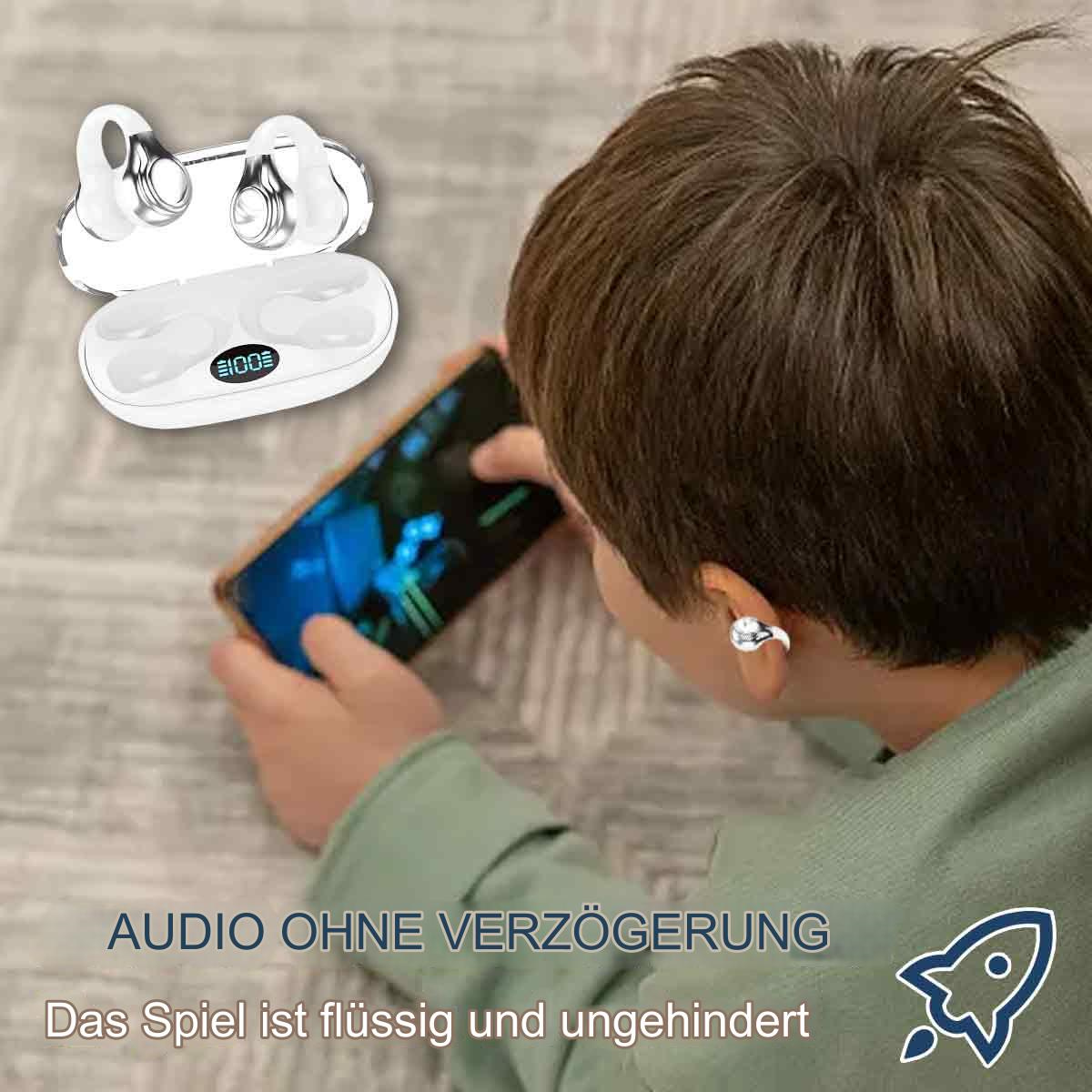 Eine Person benutzt kabellose Ohrhörer und ein Telefon. Text sagt: „Audio ohne Verzögerung“.