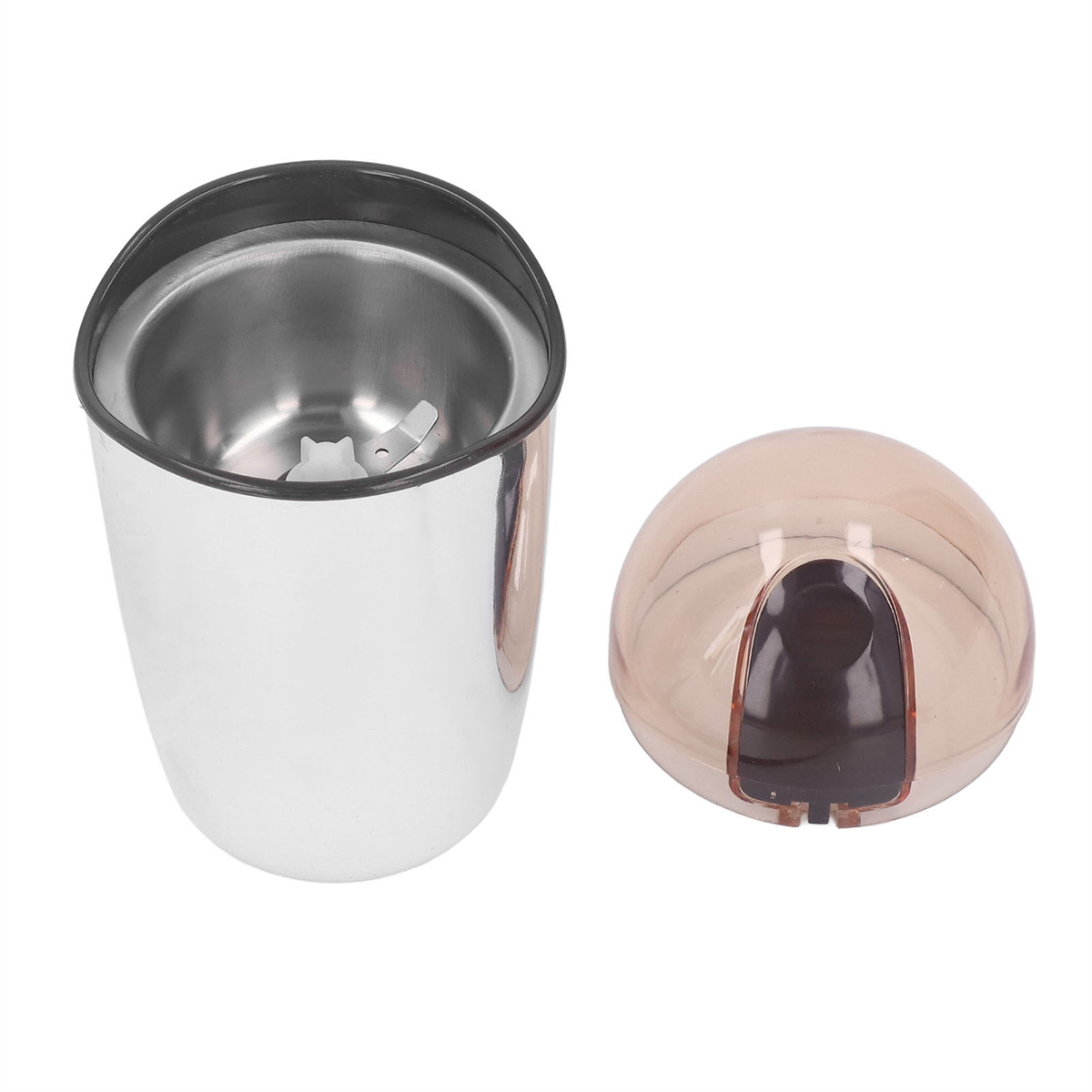 Ein Kaffeemühle aus Edelstahl mit durchsichtigem Deckel, von oben gesehen.