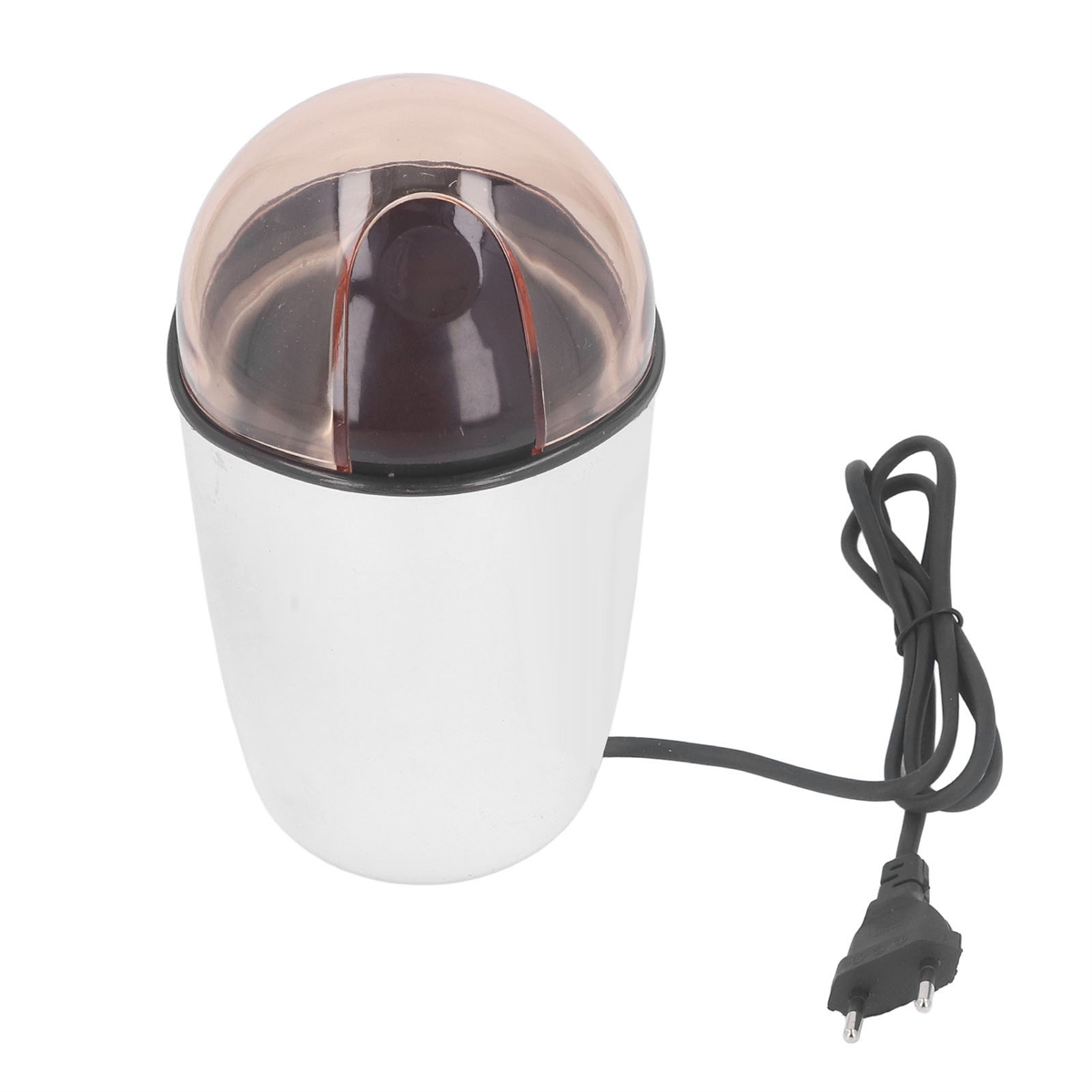 Kaffeemühle mit weißem Sockel und durchscheinendem rosa Deckel.