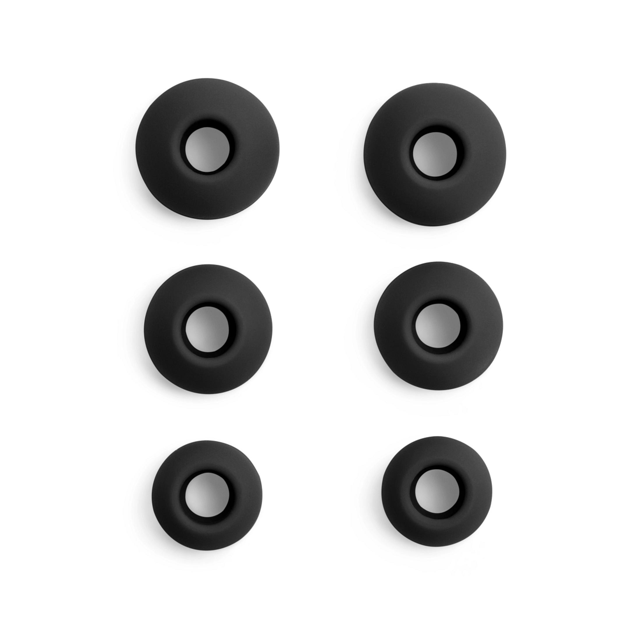 Sześć czarnych silikonowych wkładek dousznych, każda z centralnym otworem, ułożonych w dwóch rzędach na białym tle.