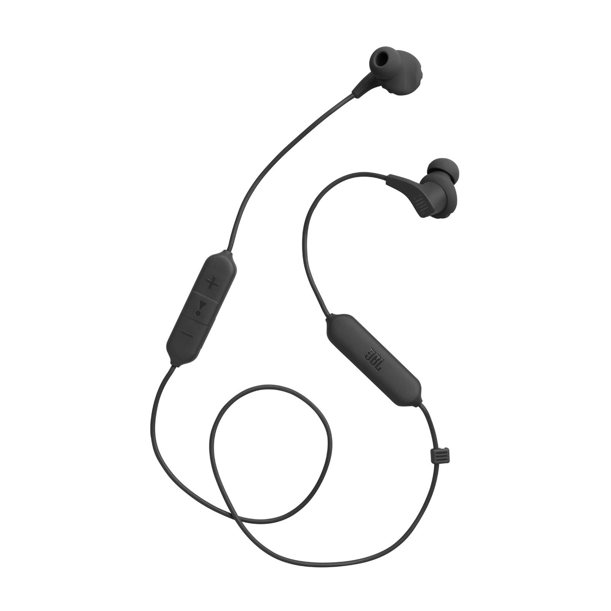 Czarne słuchawki douszne z kablem, z modułem sterowania i marką JBL.