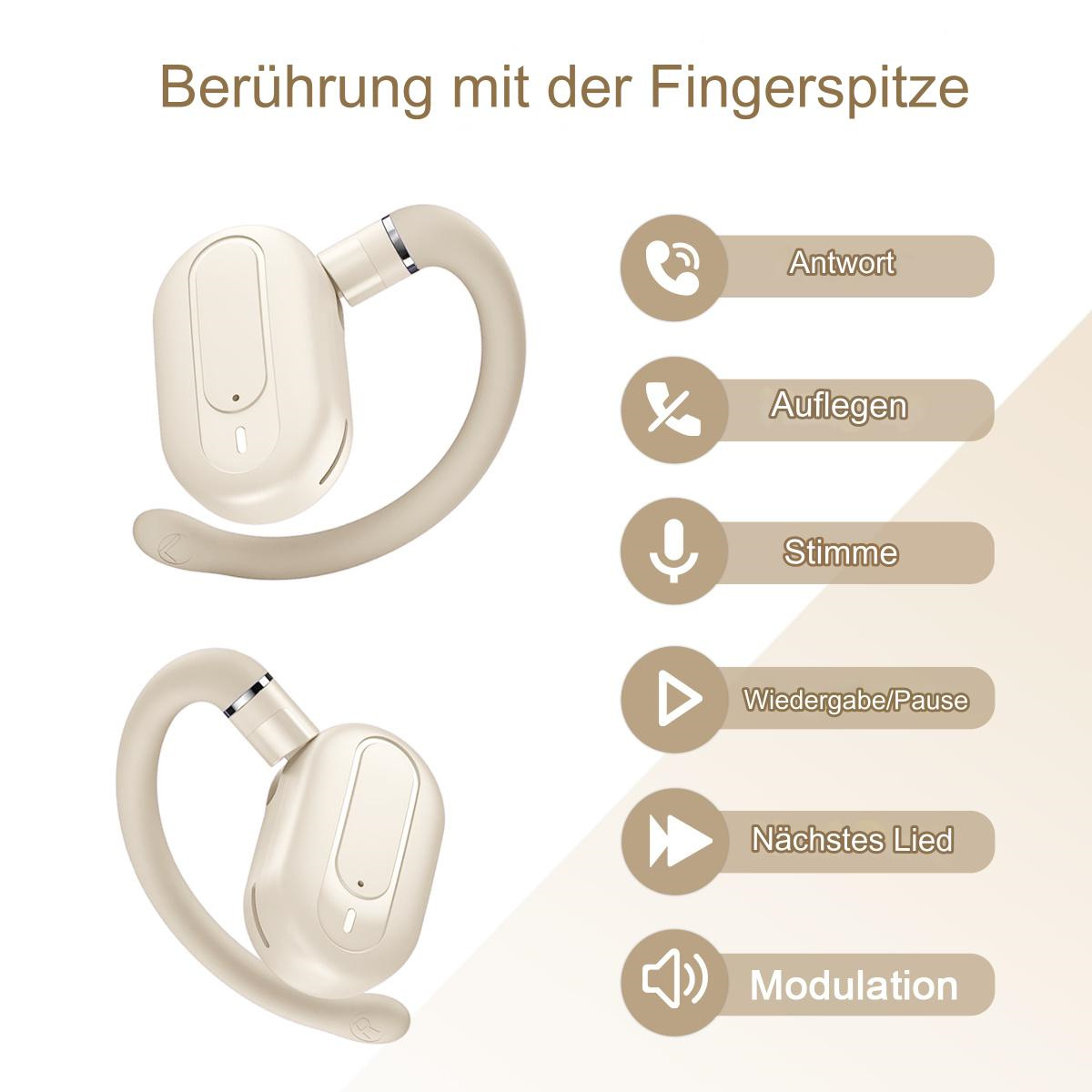 Zwei beige Ohrhörer mit Diagramm und Beschriftungen auf Deutsch.