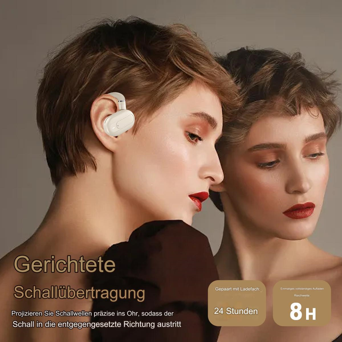 Zwei Frauen mit weißen kabellosen Ohrhörern in den Ohren. Es gibt Text auf Deutsch. Weißer Hintergrund.