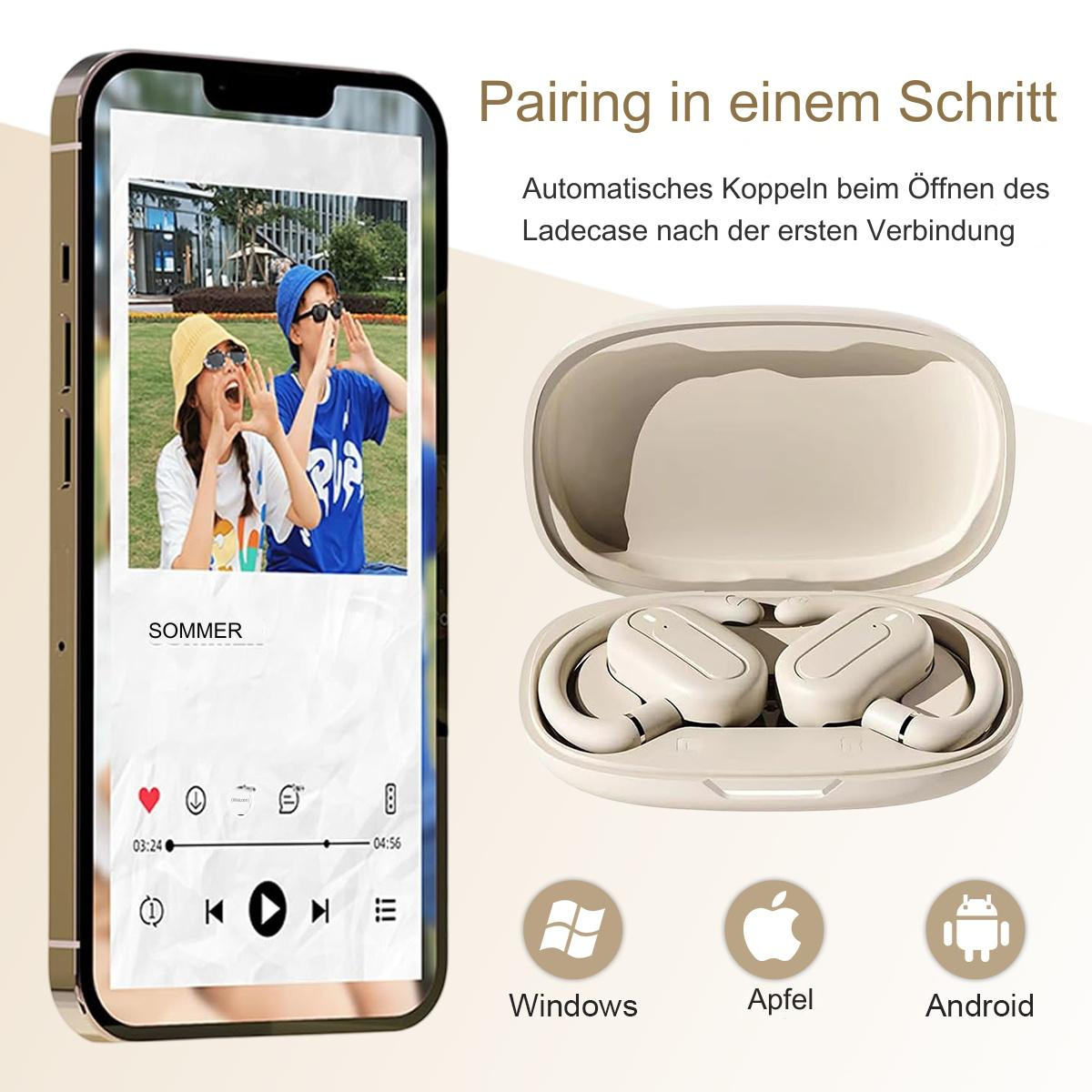Beige kabellose Ohrhörer neben einem Telefon, das Musik anzeigt. Das Etui hat Windows, Apple- und Android-Logos.