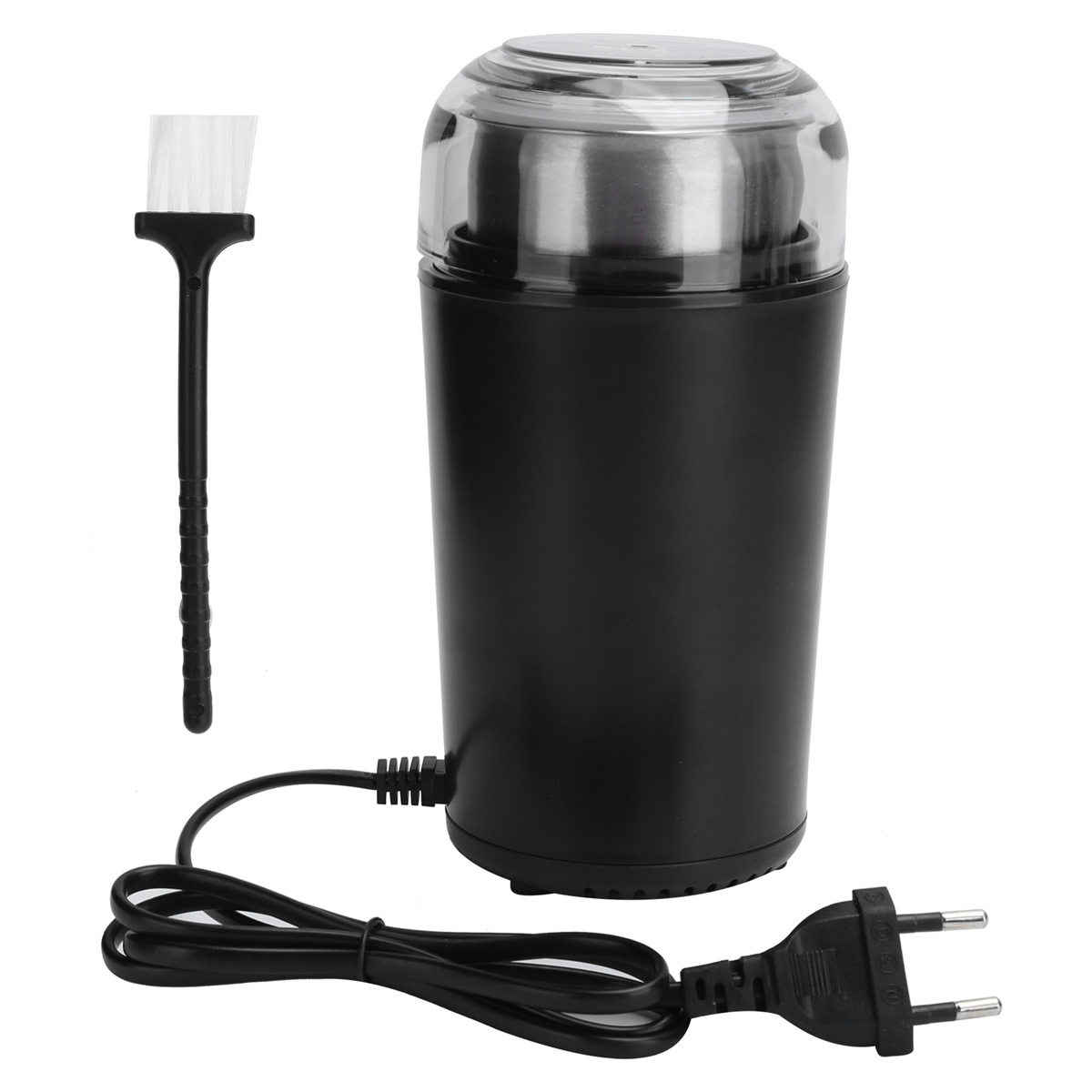 Schwarze Kaffeemühle mit Reinigungsbürste und Netzstecker.