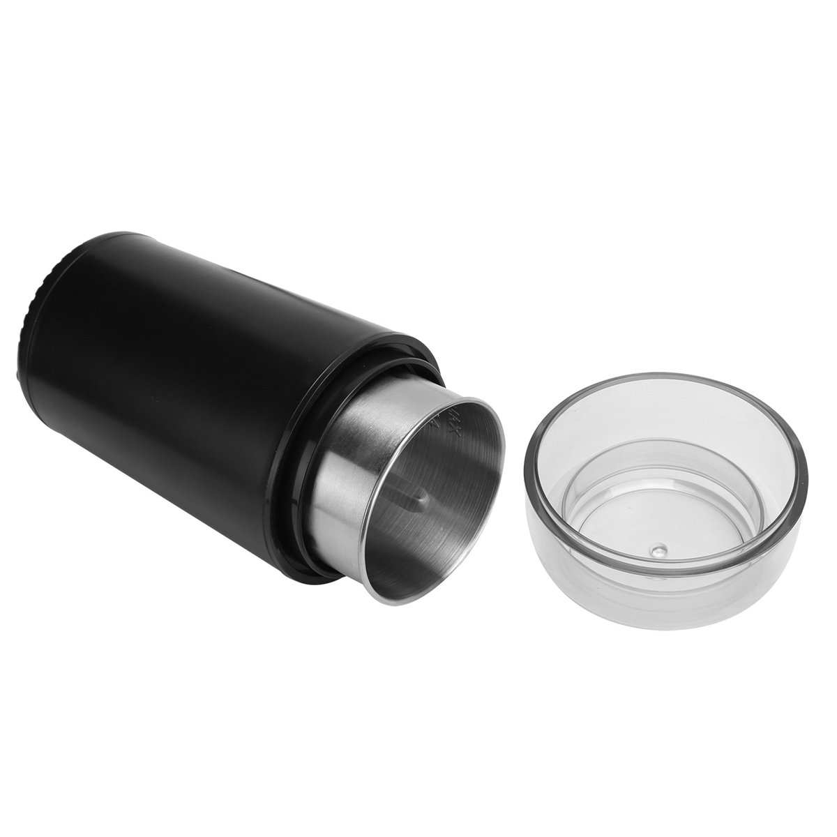 Schwarz-silbernes Gerät mit durchsichtigem Deckel, geöffnet, auf weißem Hintergrund.
