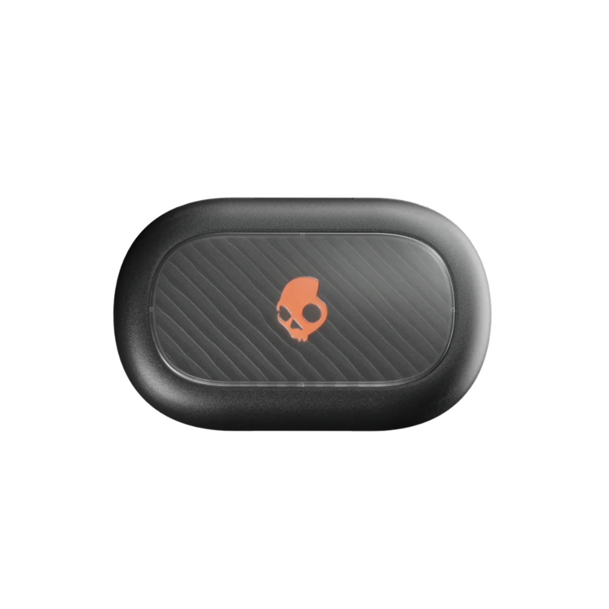Eine schwarze, ovale Ohrhörerhülle mit einem orangefarbenen Totenkopf-Logo.