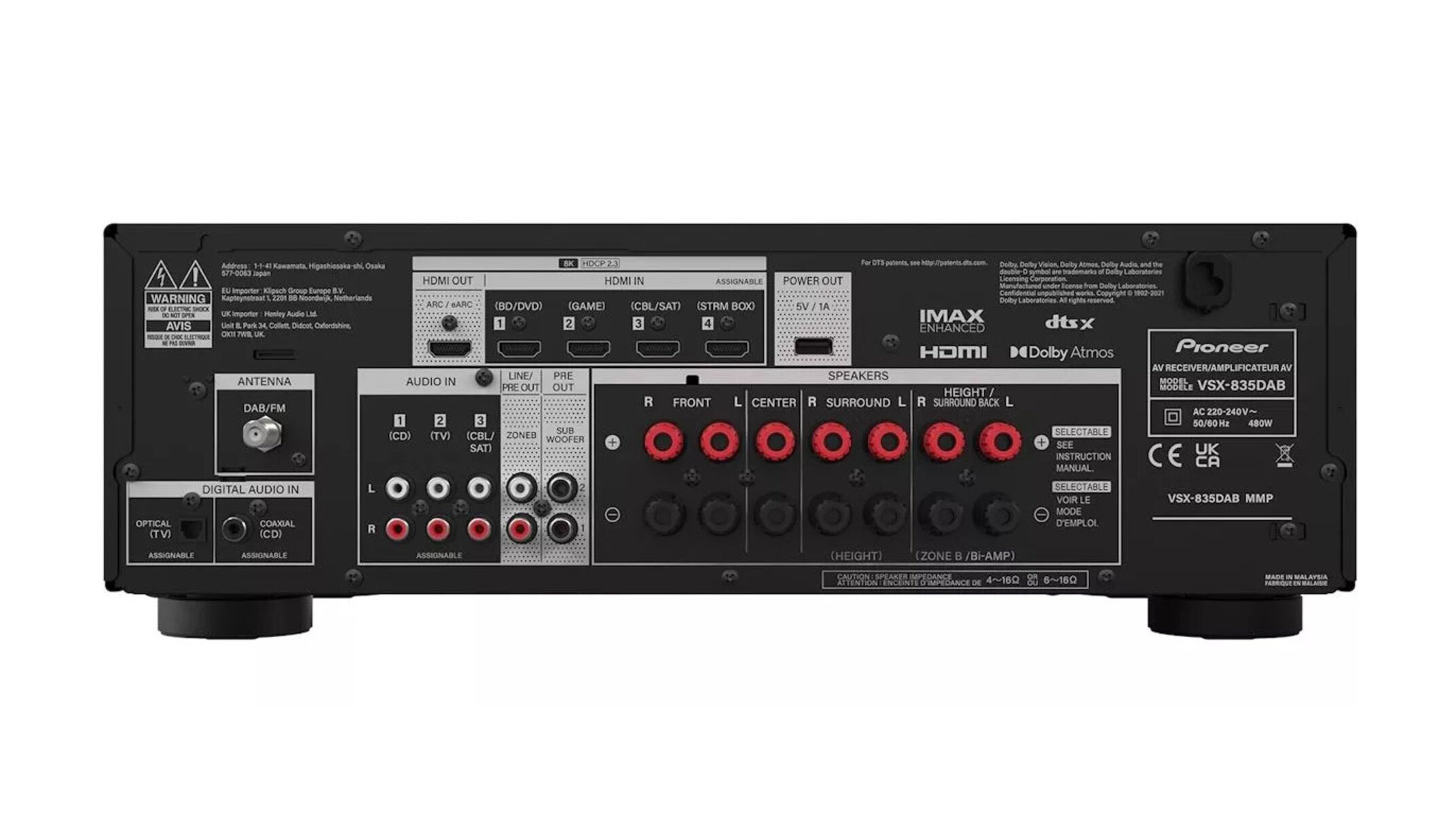 Rückansicht eines schwarzen Pioneer-Audio-Receivers mit vielen Ein-/Ausgangsanschlüssen und Beschriftungen.