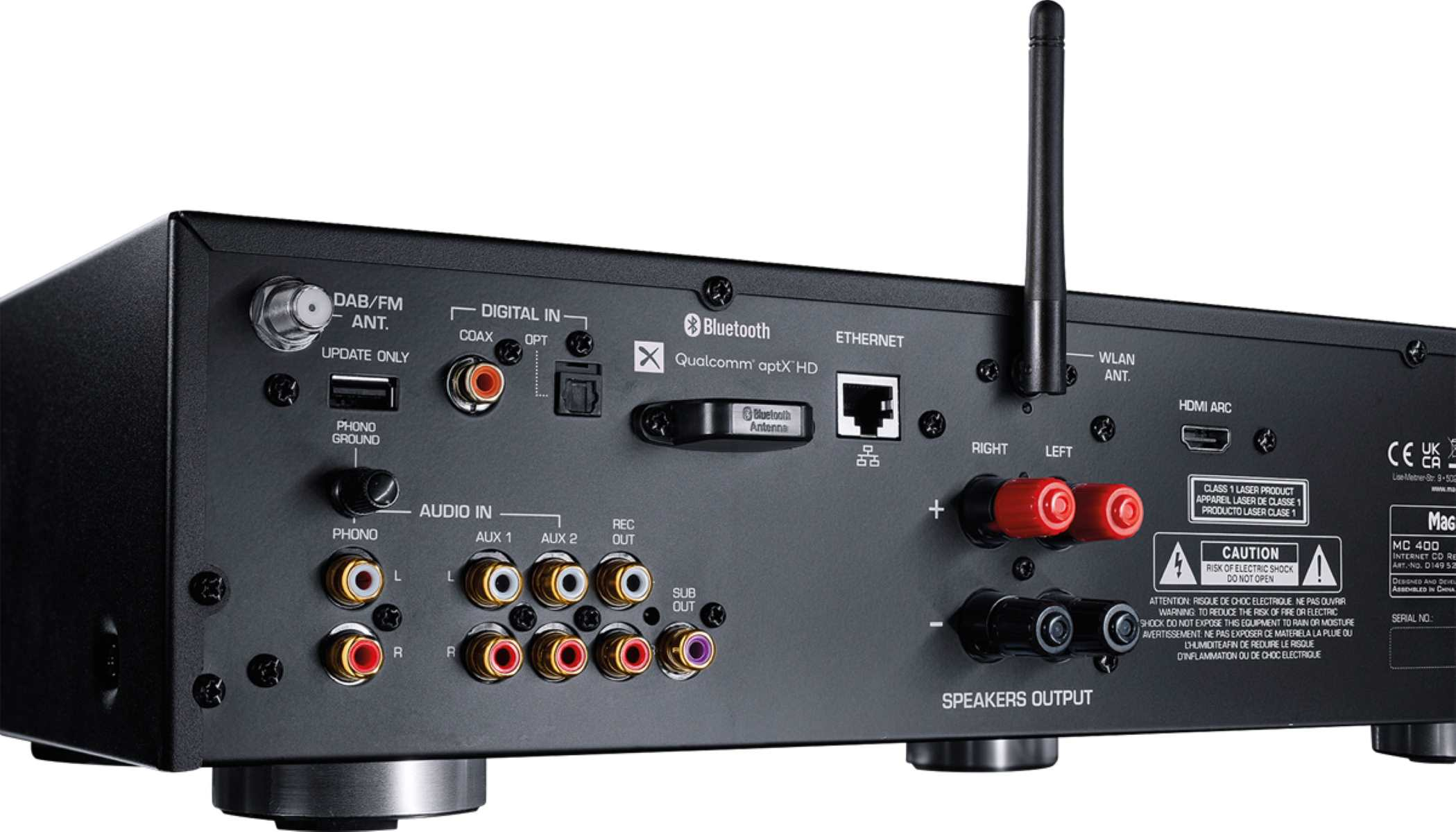 Schwarzer Audio-Receiver mit verschiedenen Ein- und Ausgangsanschlüssen auf der Rückseite.