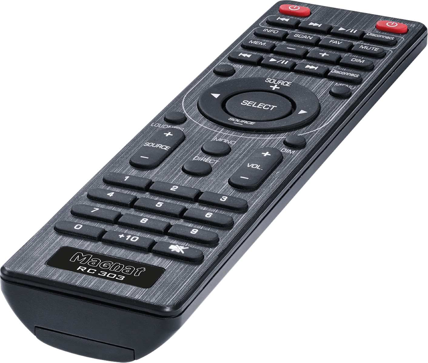 Schwarze Fernbedienung mit mehreren Tasten und silbernem Magnat RC 303 Label.