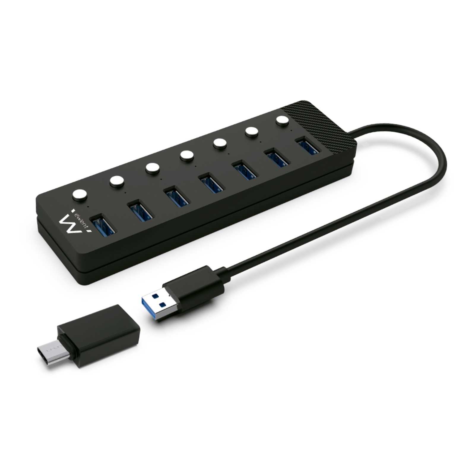 Hub USB nero con 7 porte, luci bianche e cavo USB con adattatore USB-C su sfondo bianco.