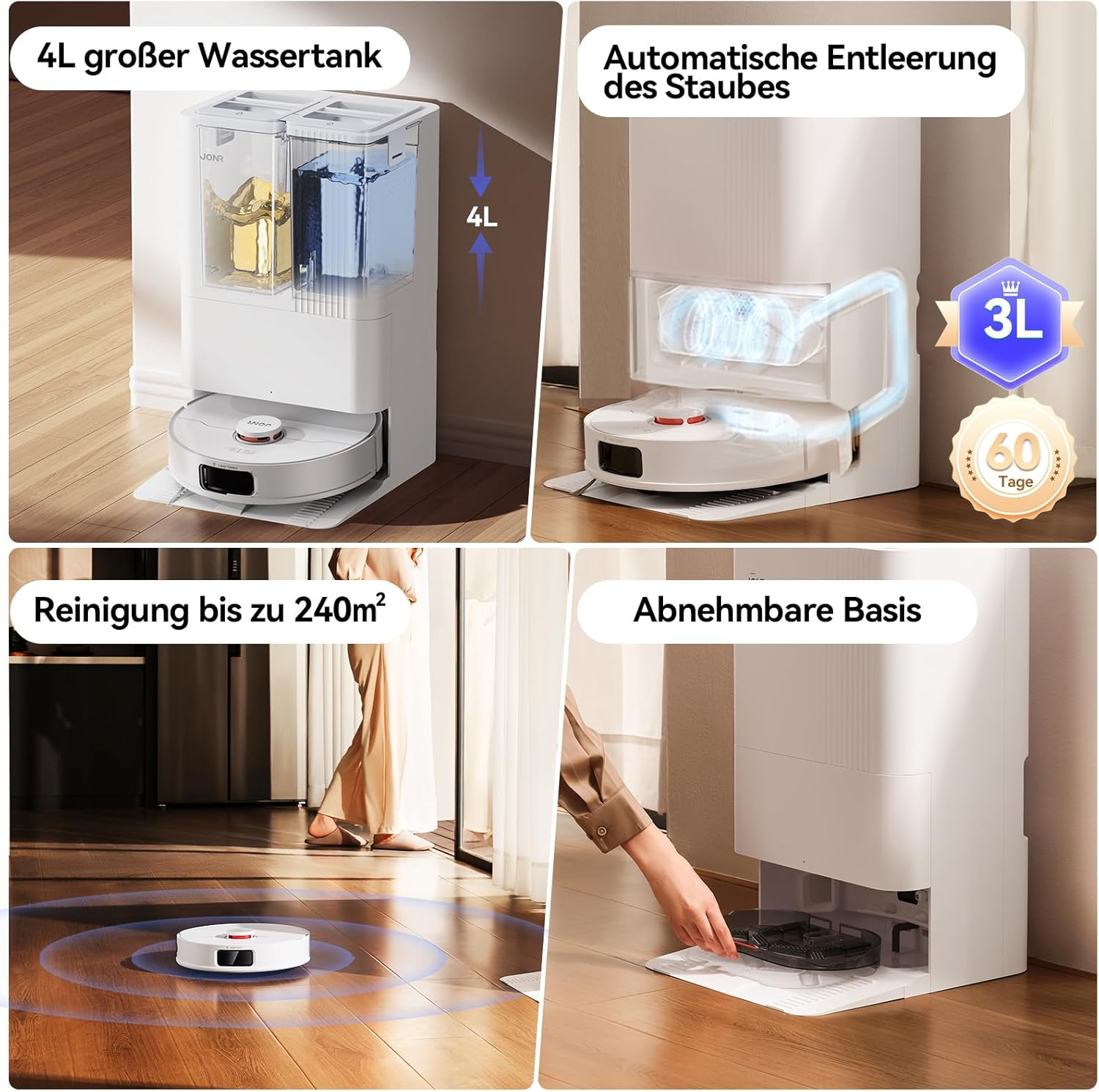 Roboter-Staubsauger mit Ladestation. Mehrere Bilder zeigen Funktionen wie Wassertank, Staubentfernung.