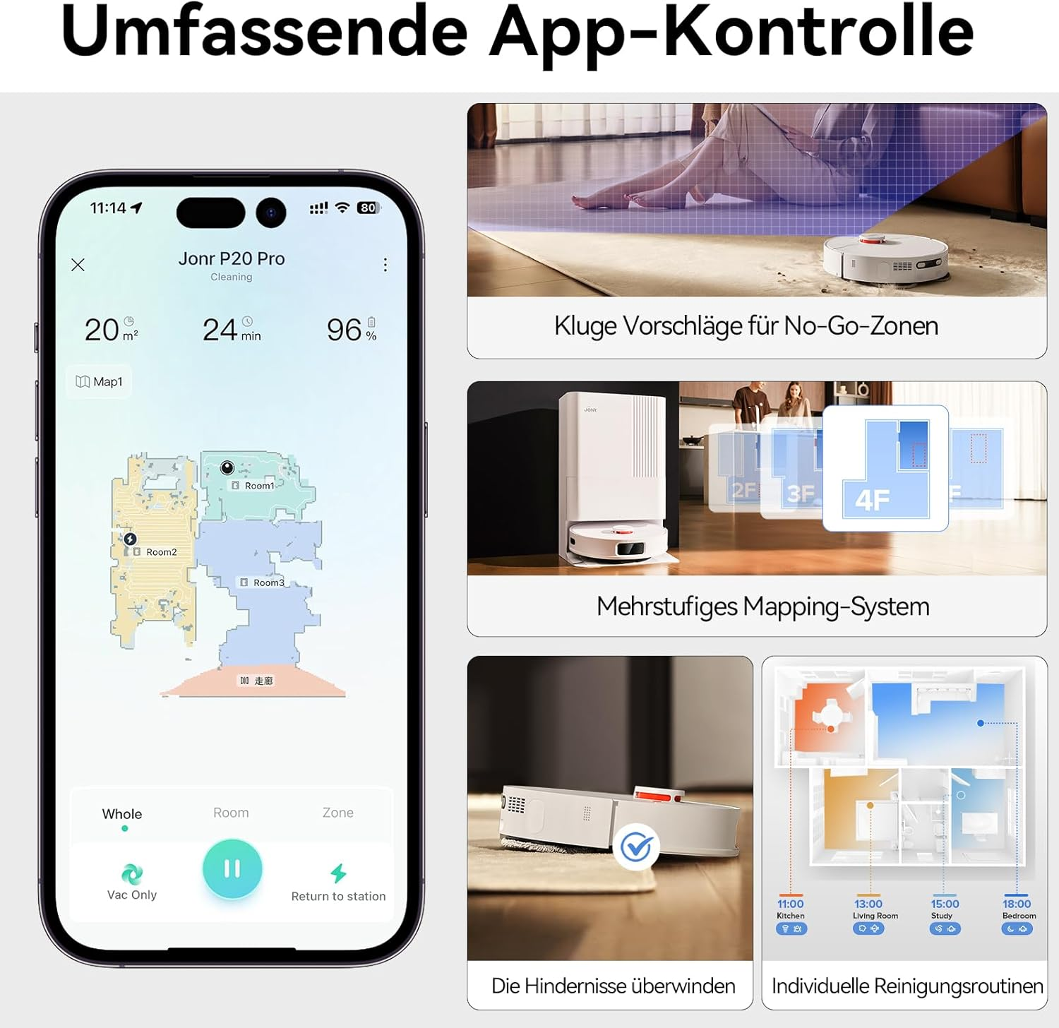 Smartphone-Bildschirm mit einer Reinigungs-Karte und Informationen, mit Bildern eines Reinigungsroboters.