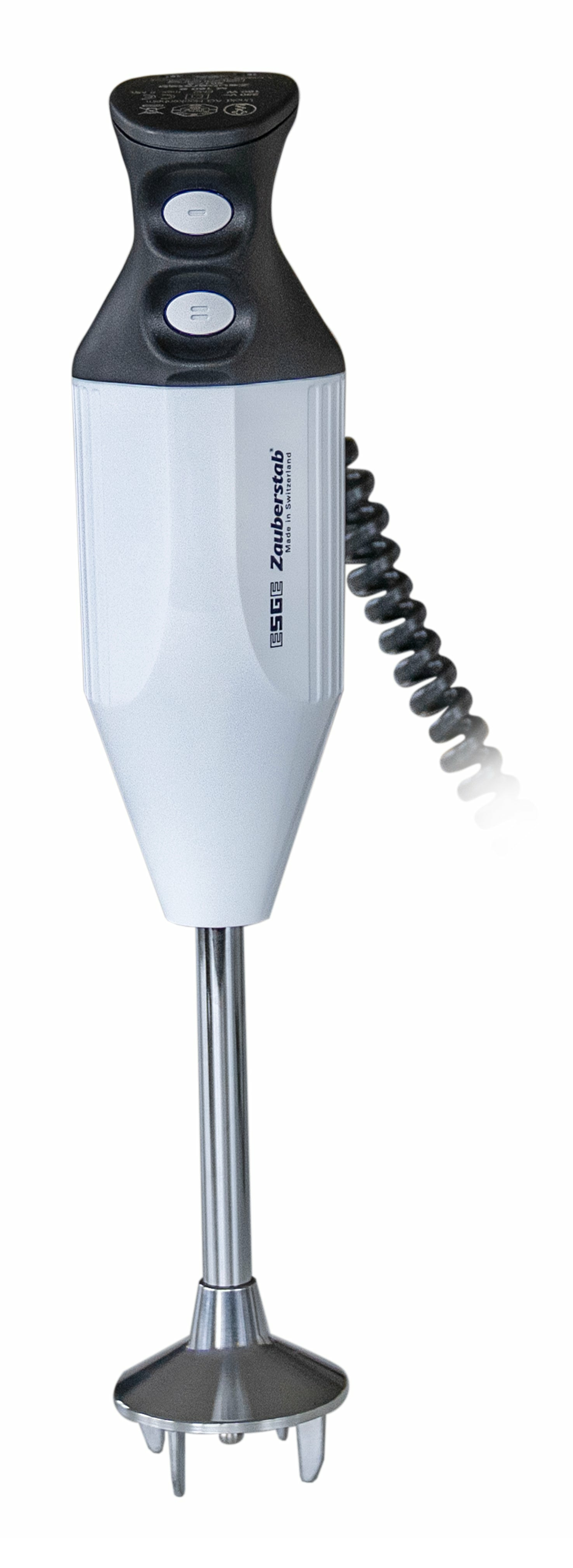 Biało-czarny blender zanurzeniowy ze srebrną głowicą mieszającą.