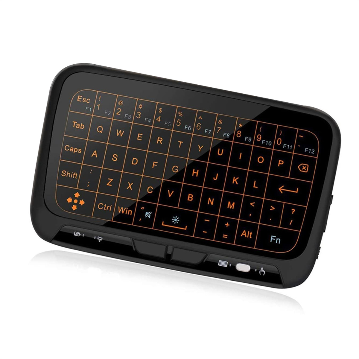 Eine schwarze Mini-Tastatur mit orangefarbenen Tasten und Symbolen. Sie ist nach oben abgewinkelt.