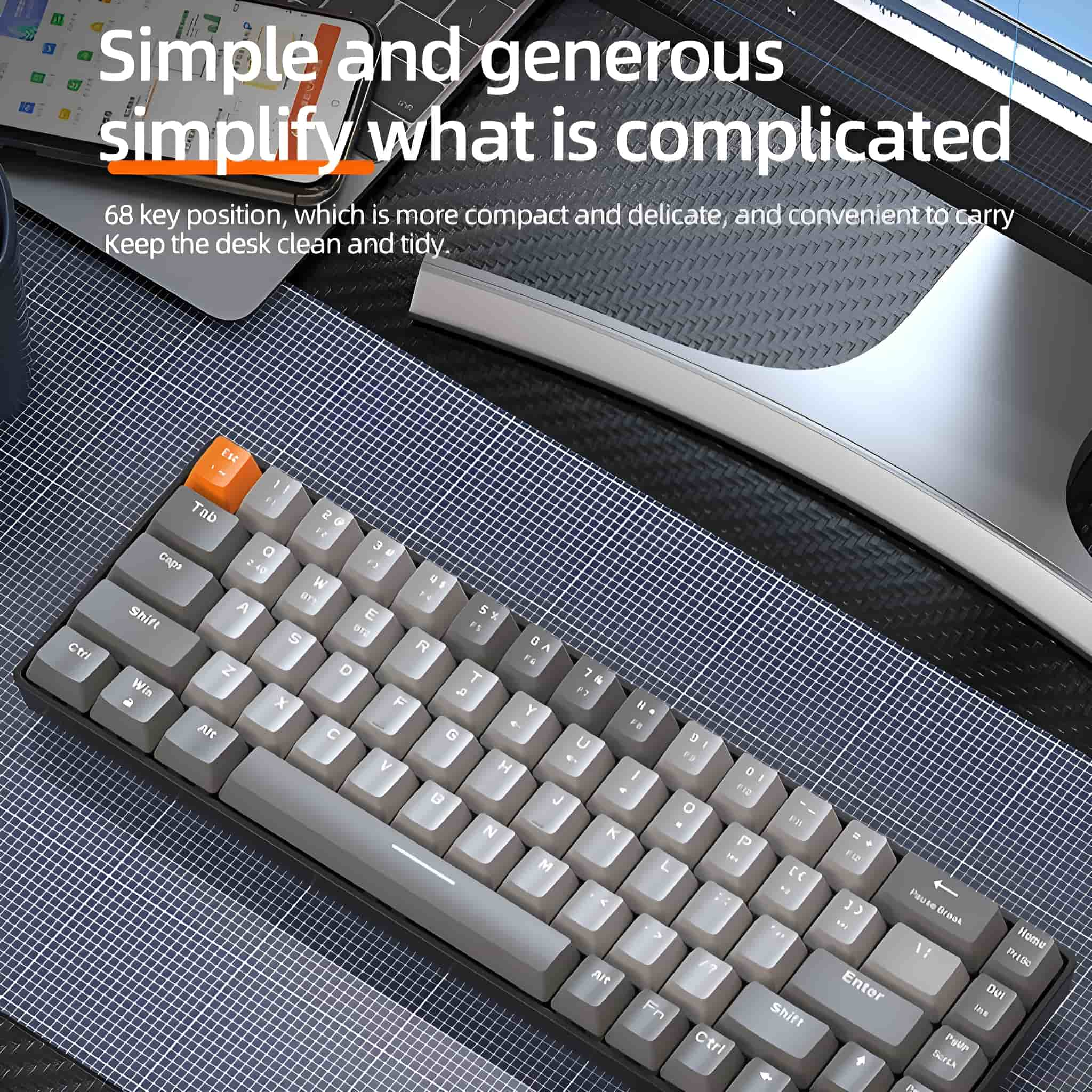 Tastatur mit weißen Tasten und orangefarbener Escape-Taste. Blauer Rasterhintergrund.