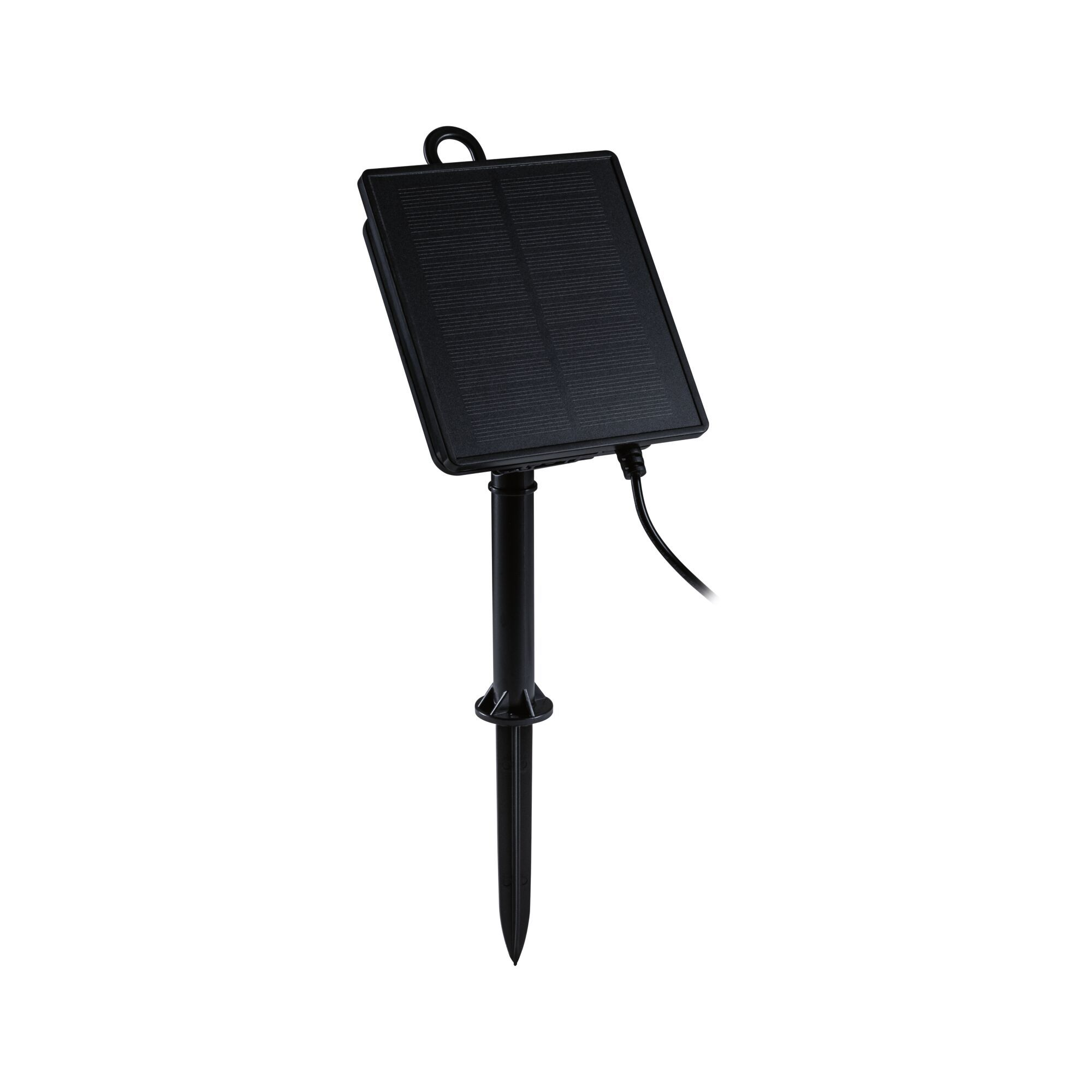 Schwarzes Solarpanel an schwarzem Pfahl, Spitze und Draht, weißer Hintergrund.