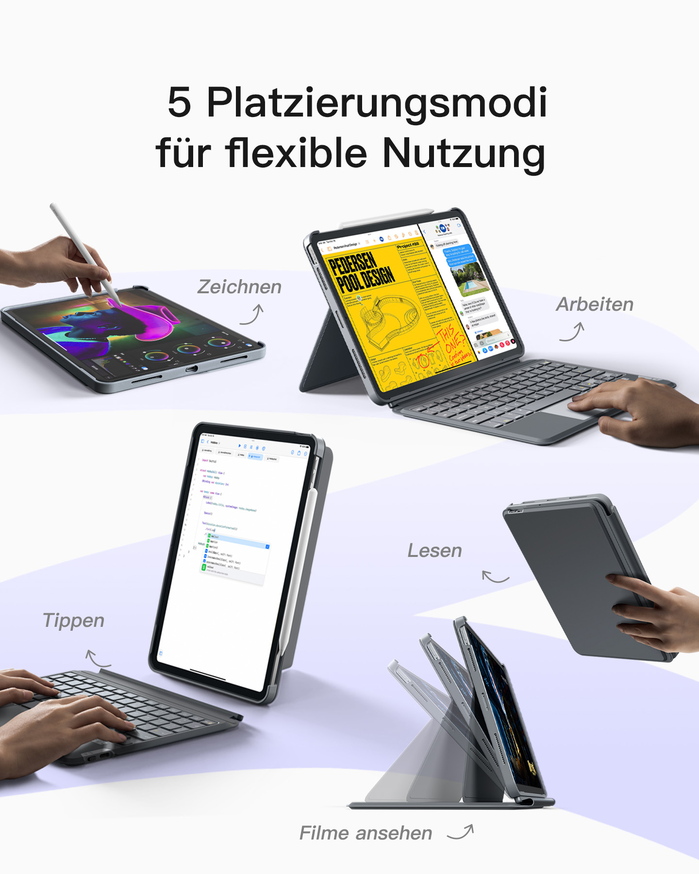 Un tablet in più posizioni: disegno, lavoro, lettura e guardare film con un accessorio tastiera.