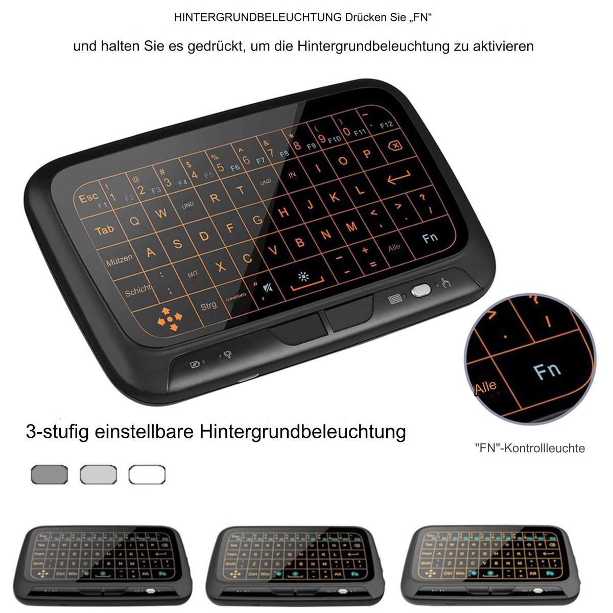 Schwarze Mini-Tastatur mit orangefarbener Hintergrundbeleuchtung und drei Helligkeitseinstellungen.