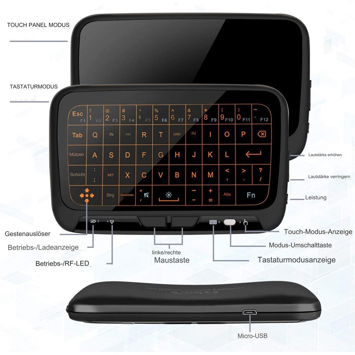 Eine schwarze Mini-Tastatur mit orangefarbenen Buchstaben und Symbolen. Sie hat ein Touchpad und verschiedene Funktionstasten.