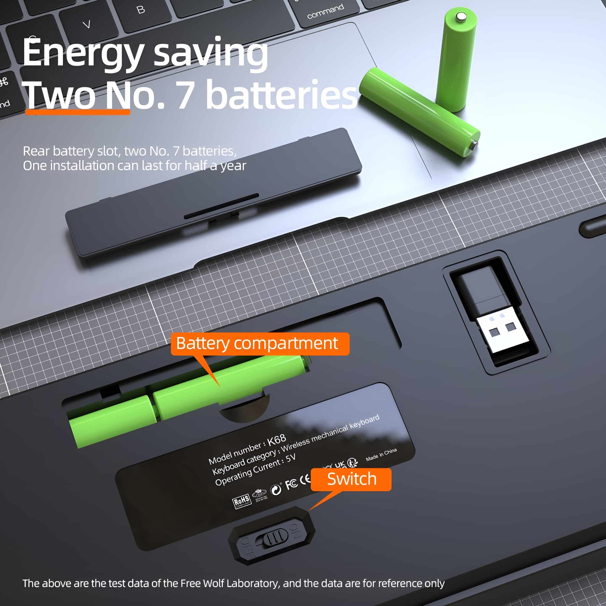 Schwarze mechanische Tastatur mit einem Laptop. Hat grüne Batterien und einen USB-Anschluss.