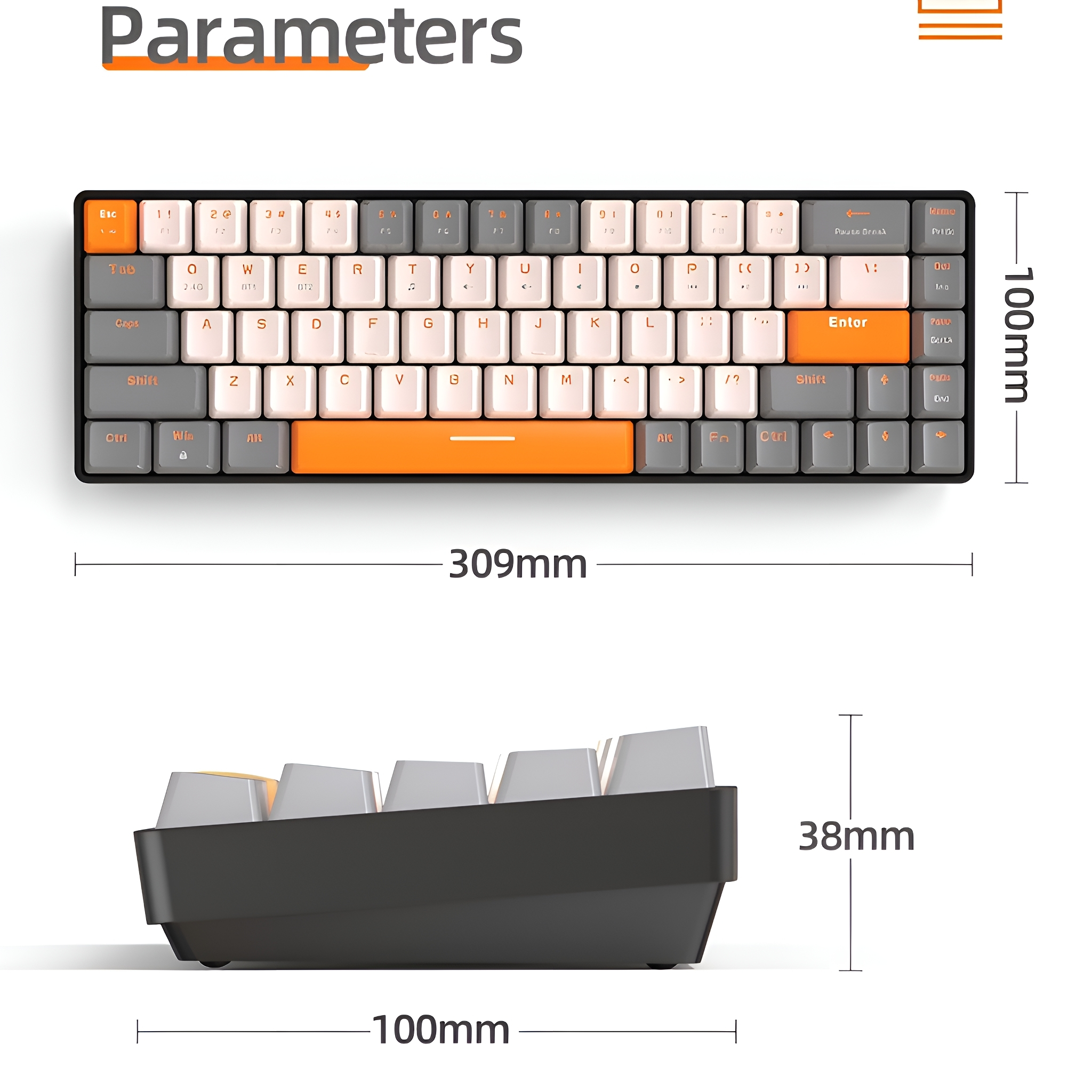 Tastatur mit orangefarbenen Tasten und Maßen. Die Tastatur ist überwiegend grau und weiß.