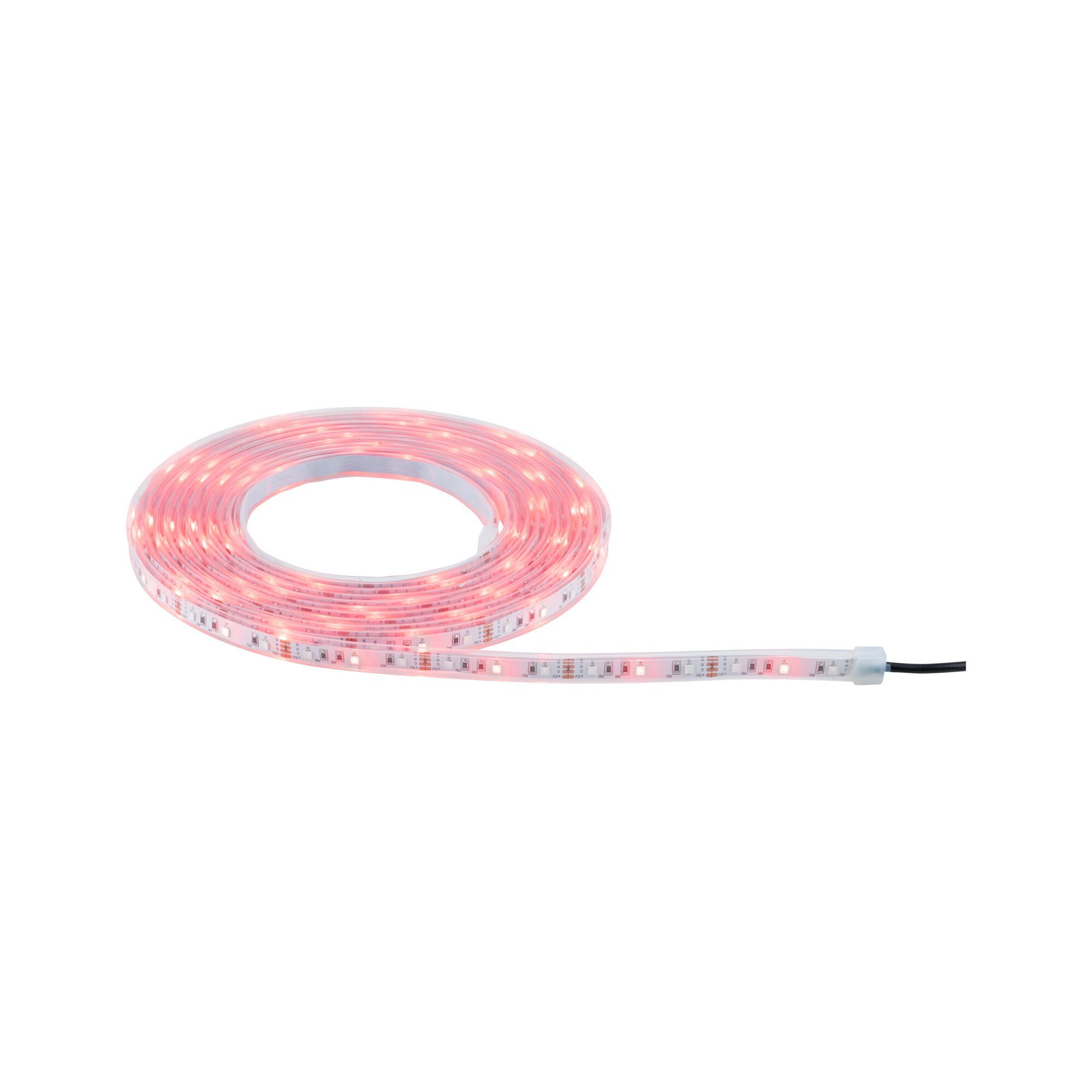 Eine Rolle roter LED-Streifen ist auf einer weißen Oberfläche aufgerollt.