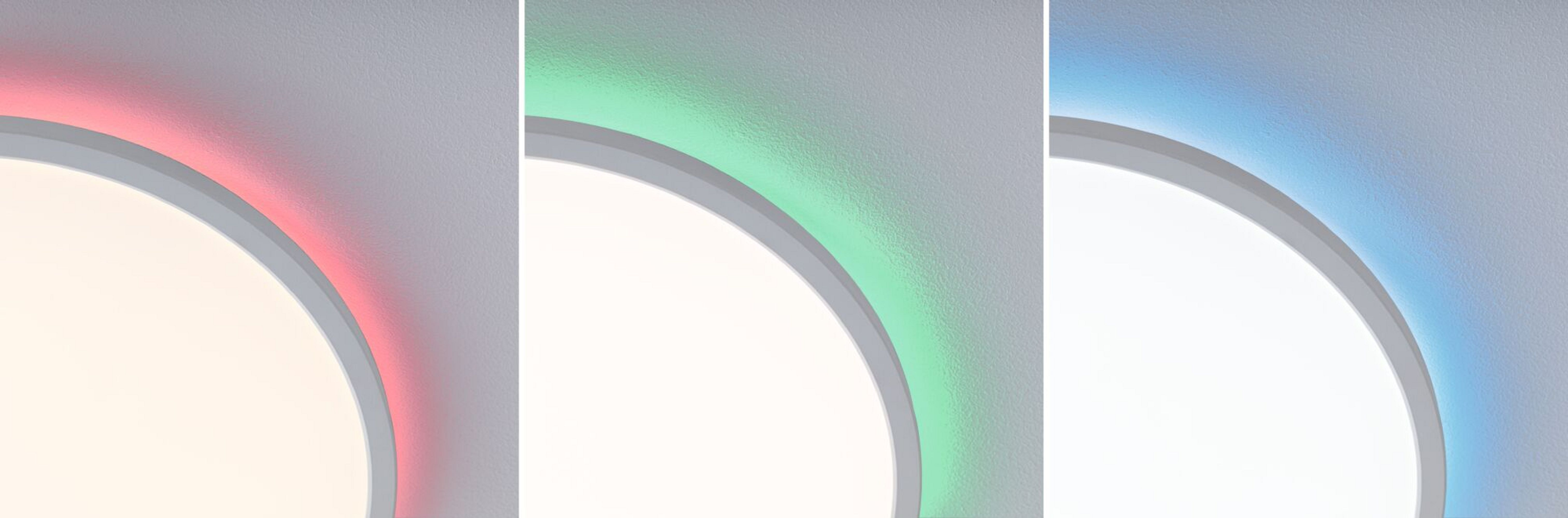 Drei Lichtpaneele mit rotem, grünem und blauem Licht. Halbkreisform mit weißem Innenraum.