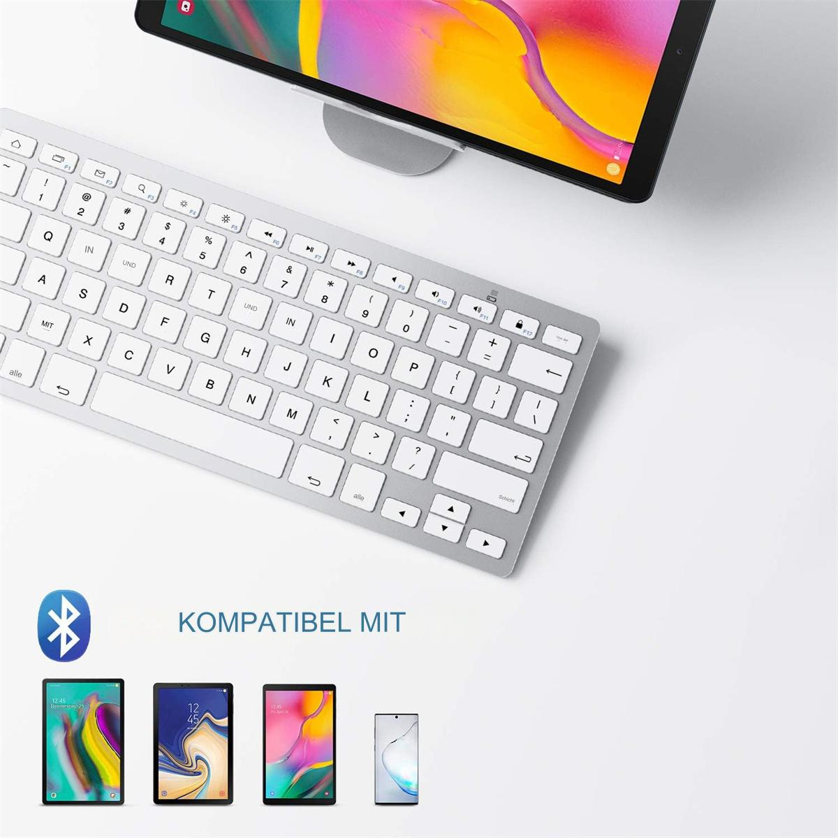 Silberne Tastatur und ein Tablet. Der Tablet-Bildschirm zeigt eine Oberfläche.