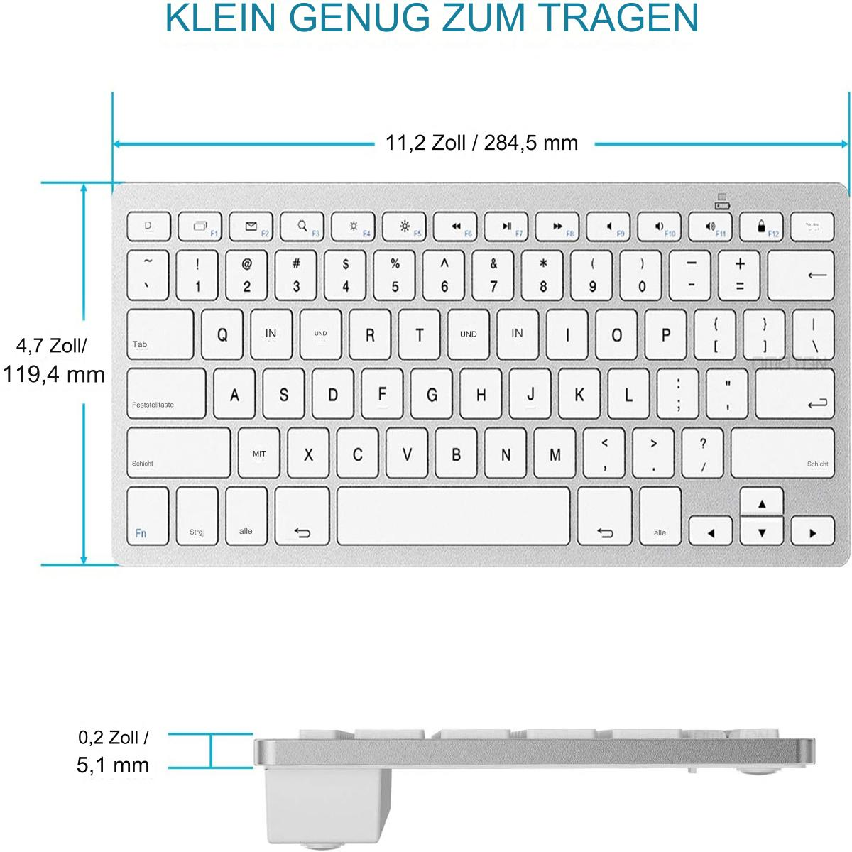 Kleine Tastatur mit weißem Rahmen, mit Abmessungen und Text auf Deutsch.